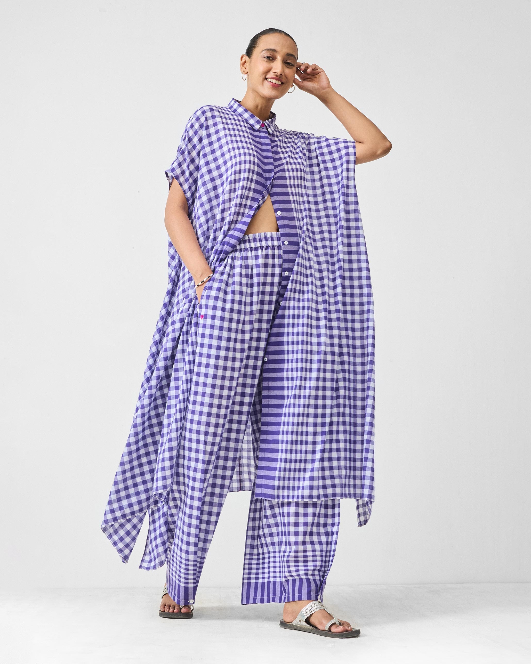 Treasure Kurta Set- Purple & White Checks