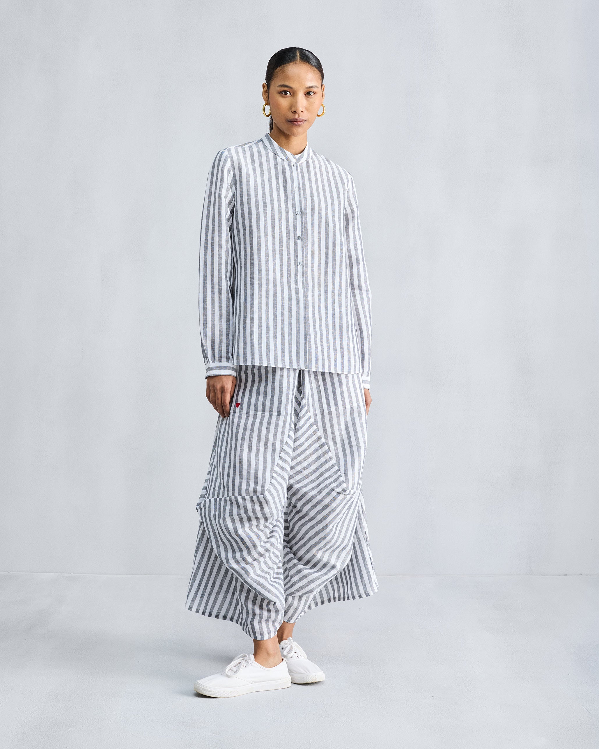 Mandarin Collar Top - Charcoal & White Stripes