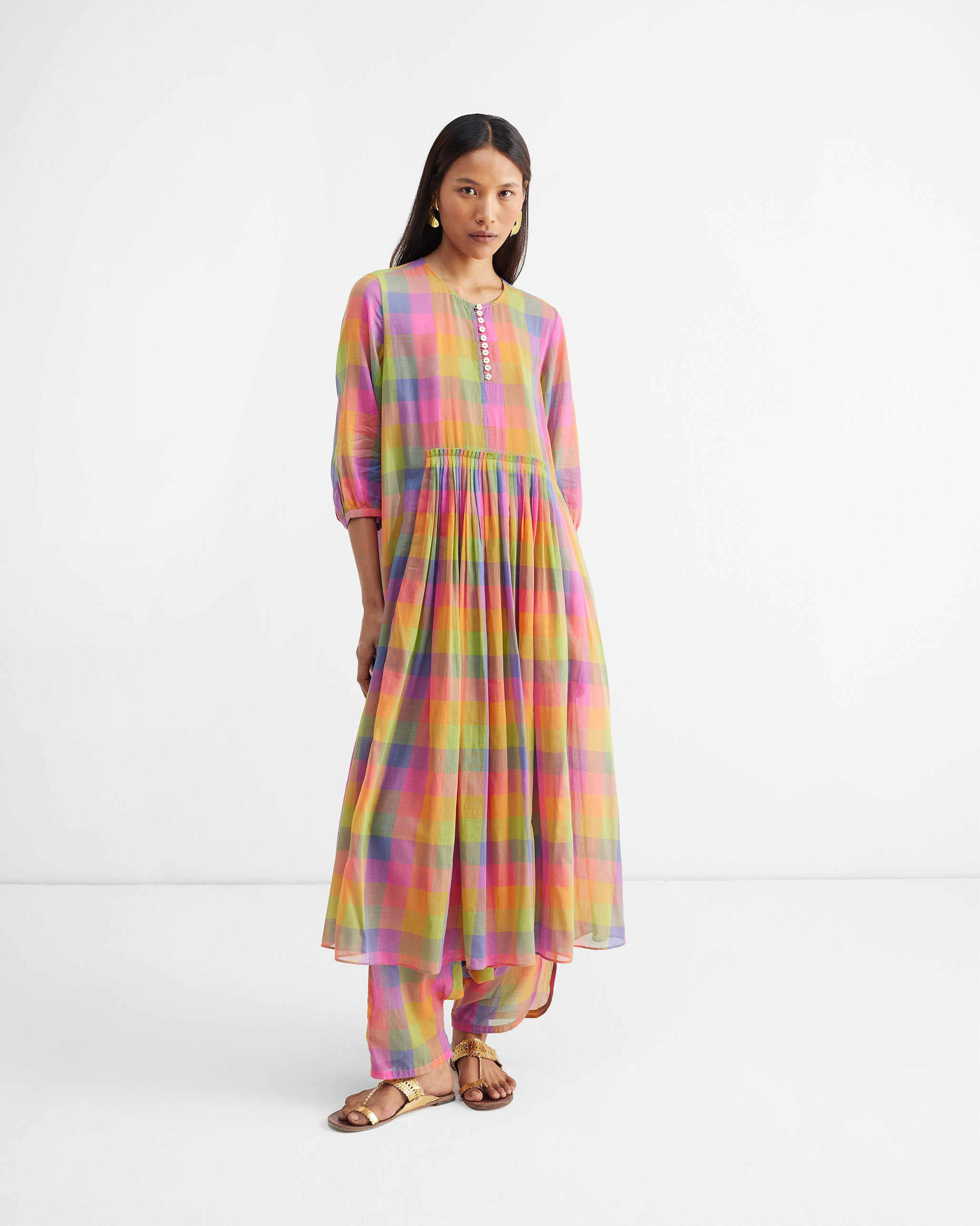 Pleated Waist Kurta - Multi Color Checks