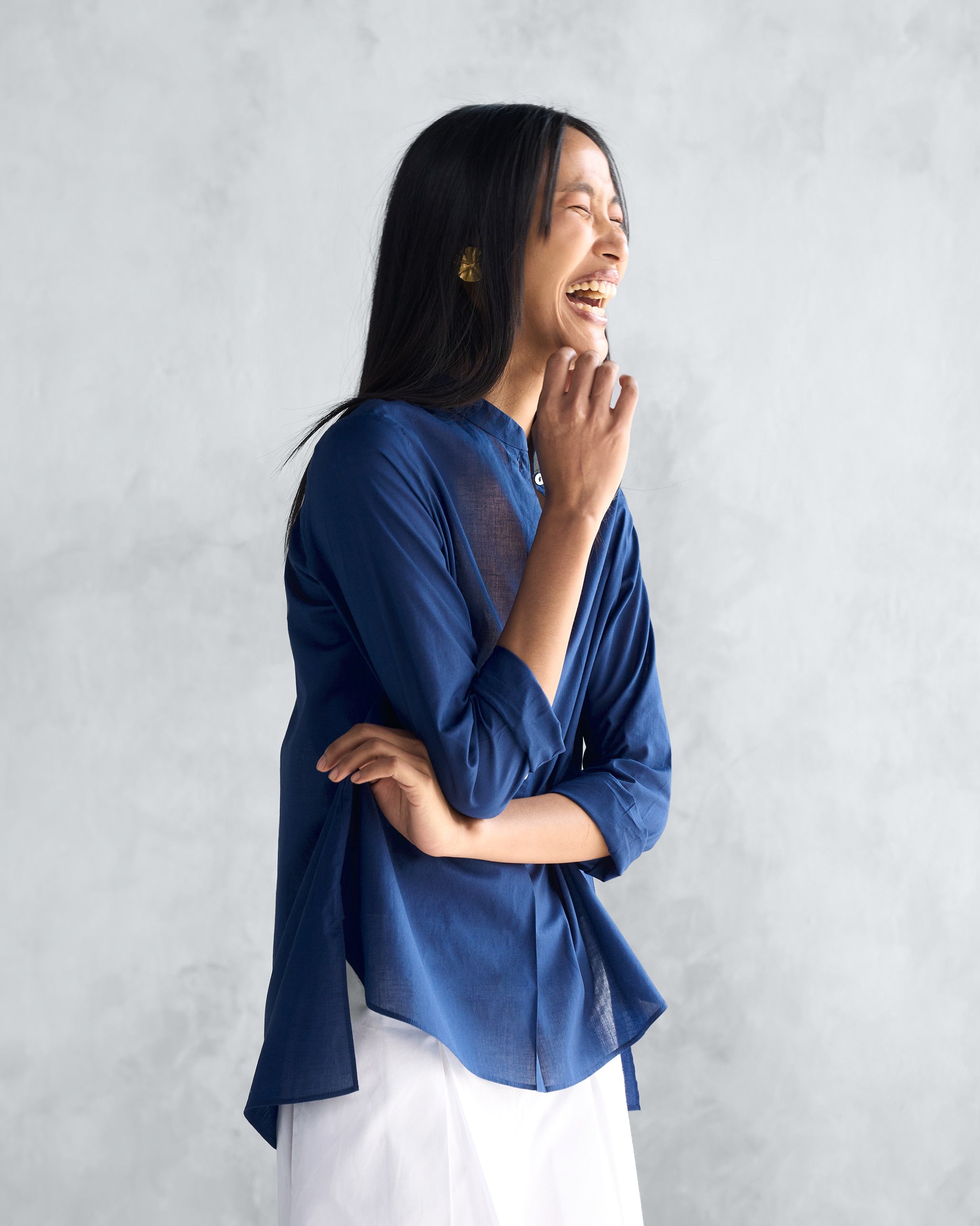 Mandarin Collar Top - Navy