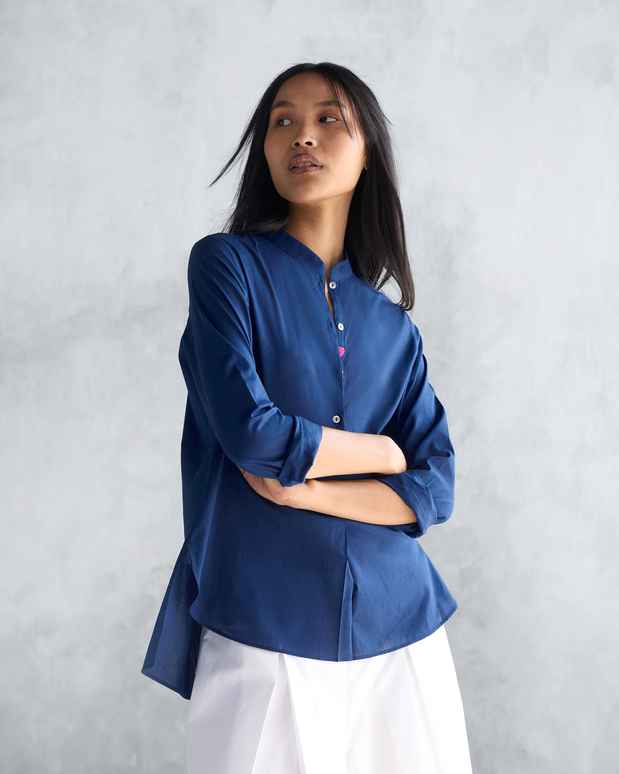 Mandarin Collar Top - Navy