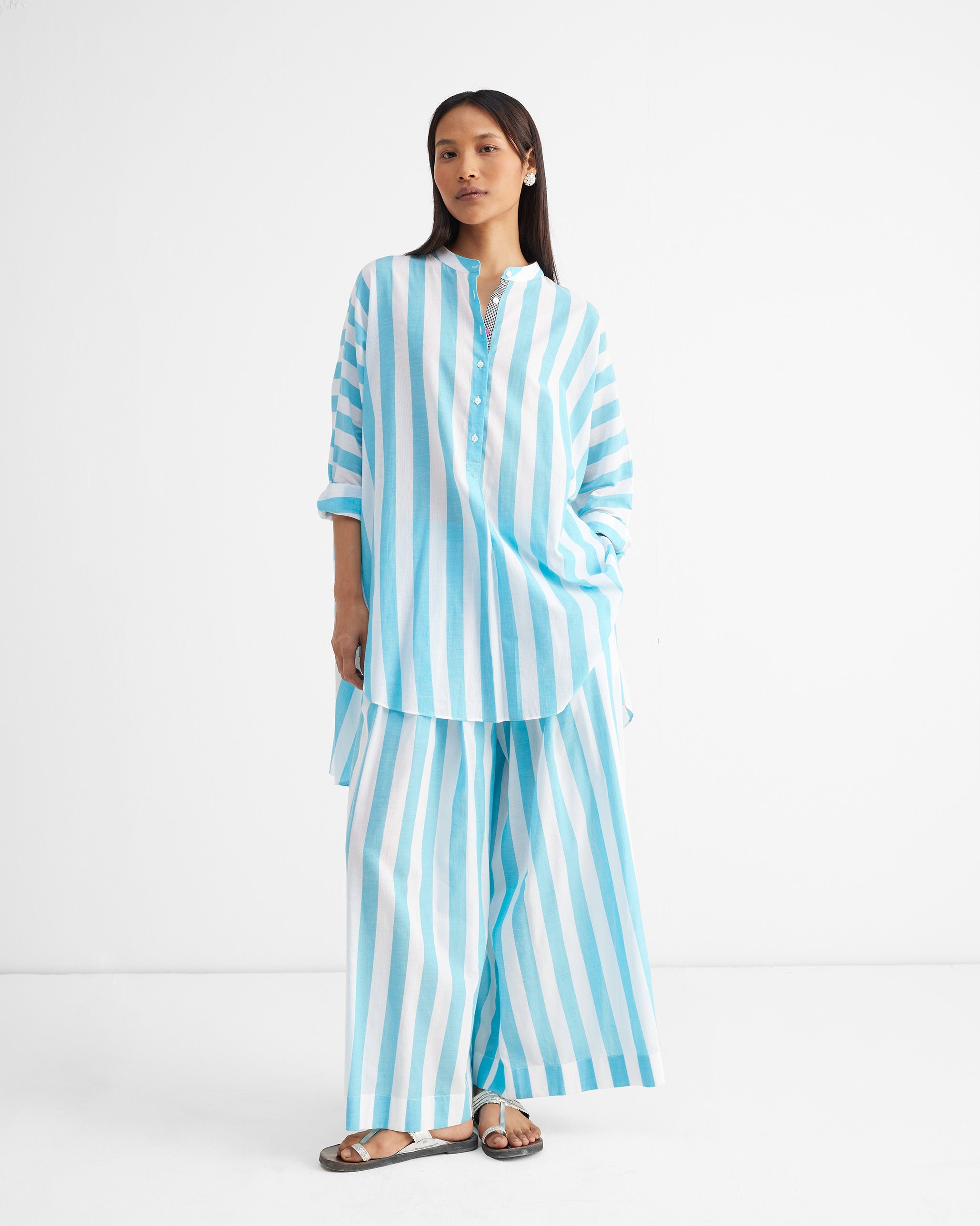 Soto Flared Pants - Aqua & White Stripes