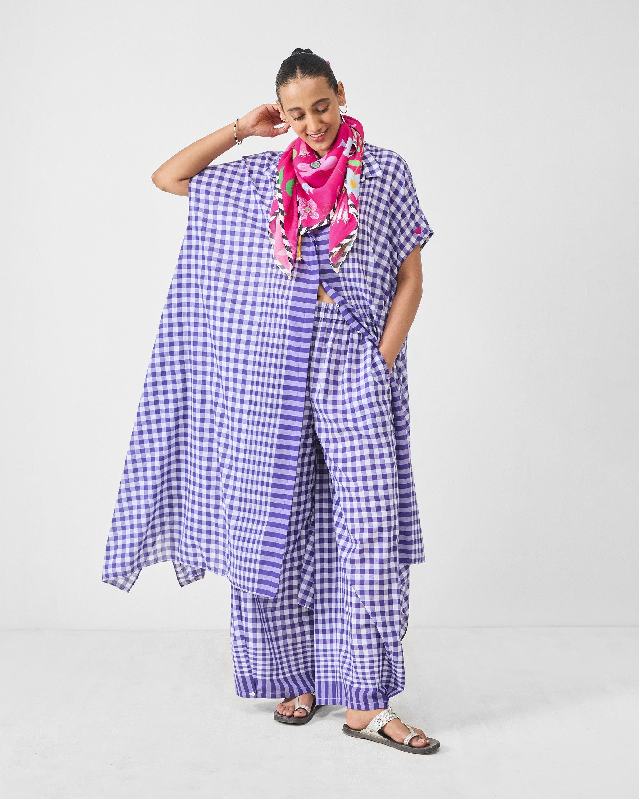 Treasure Kurta Set- Purple & White Checks