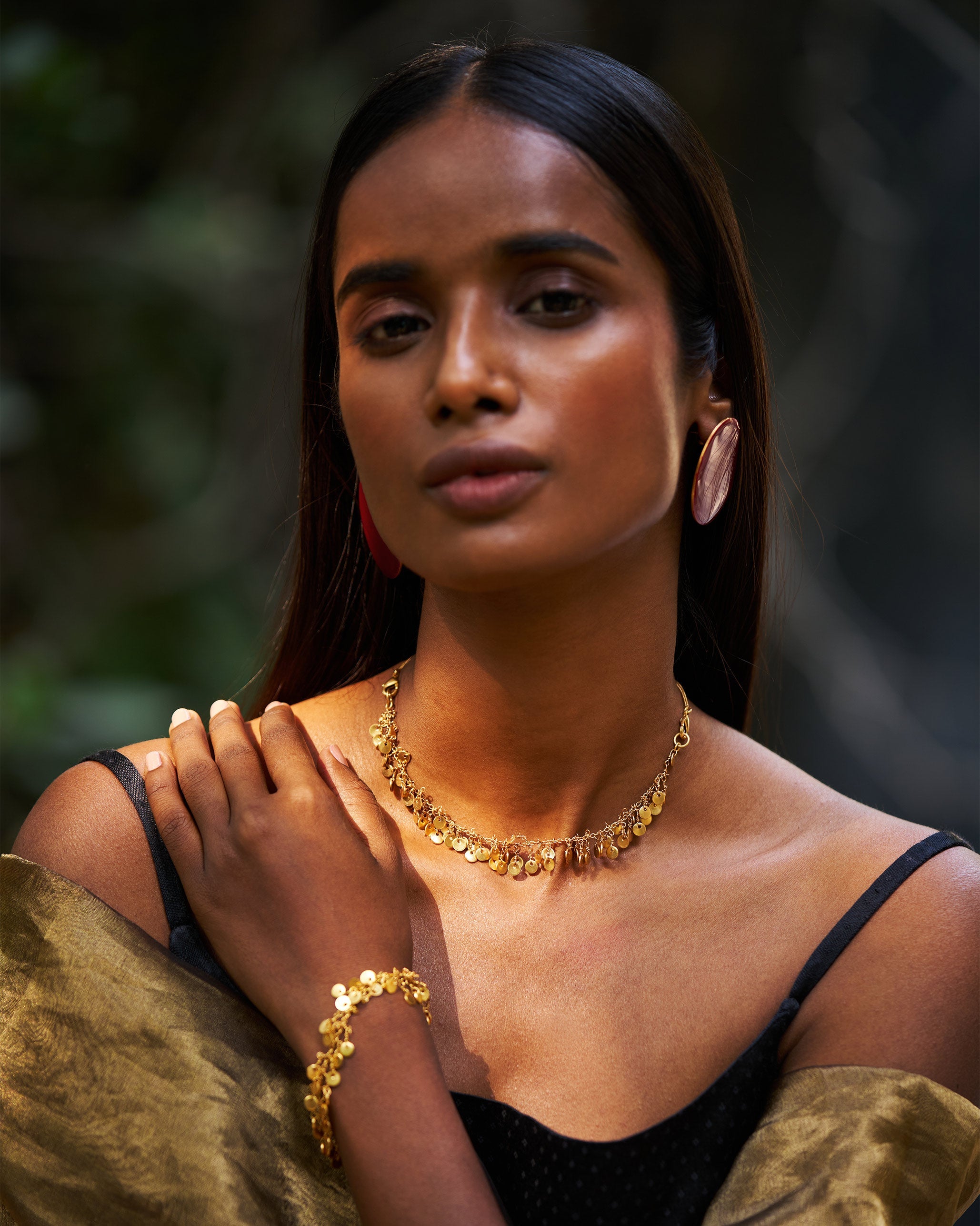 Dot Earrings & Jhilmil Ear Chain - Red & Gold