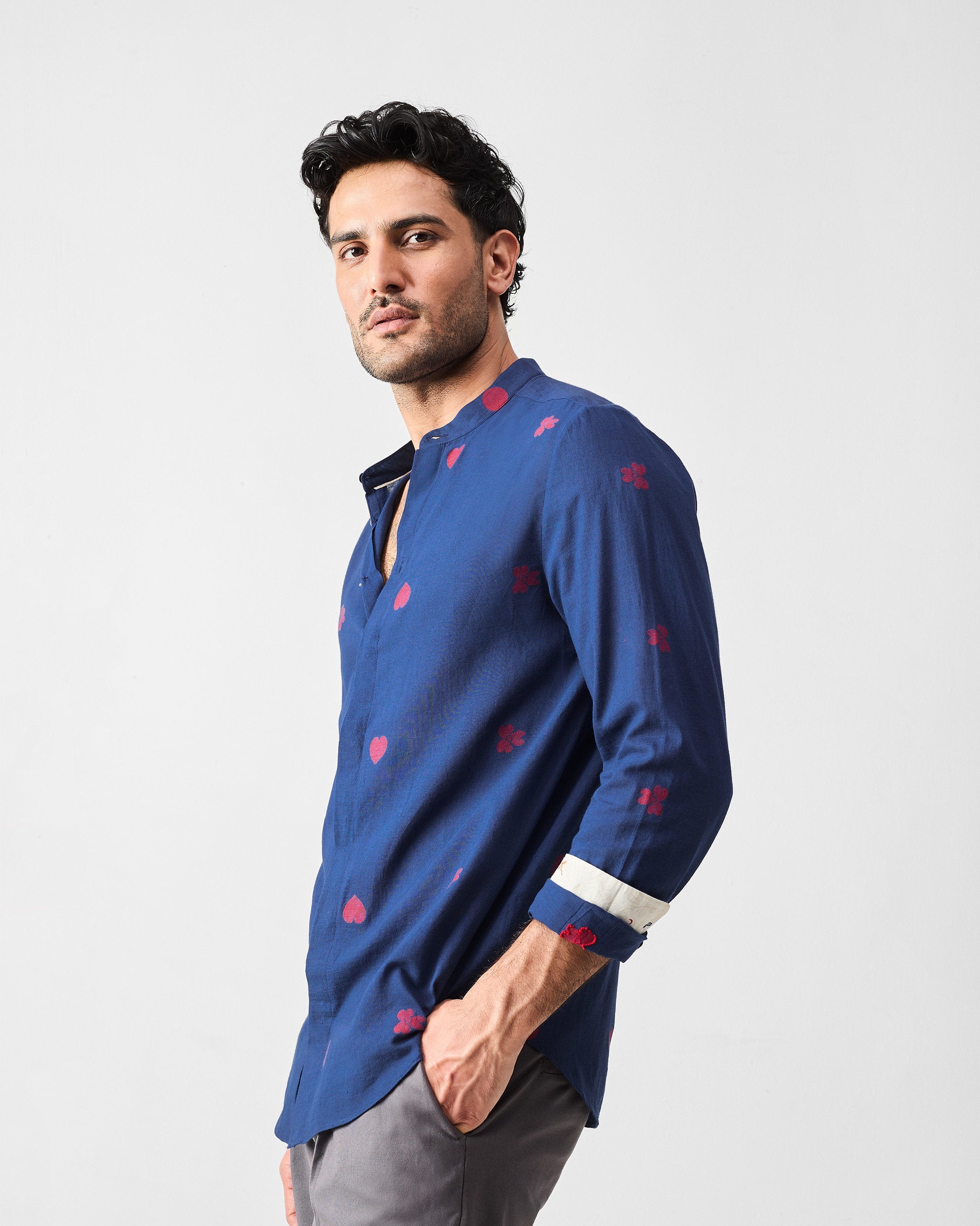 Kawaii Shirt - Navy & Red Jamdani