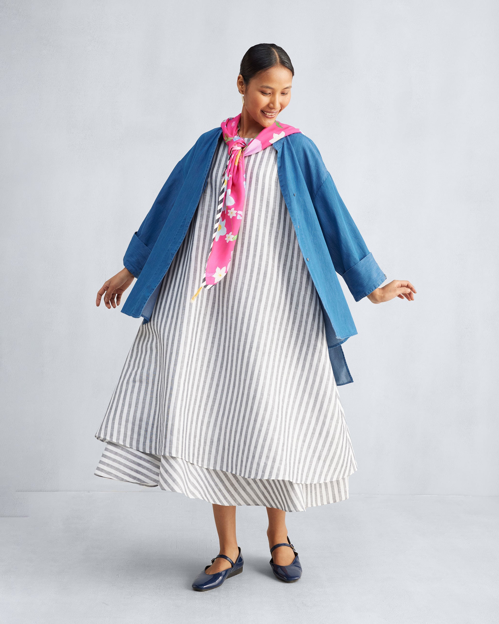 Double Layer Dress - Charcoal & White Stripes