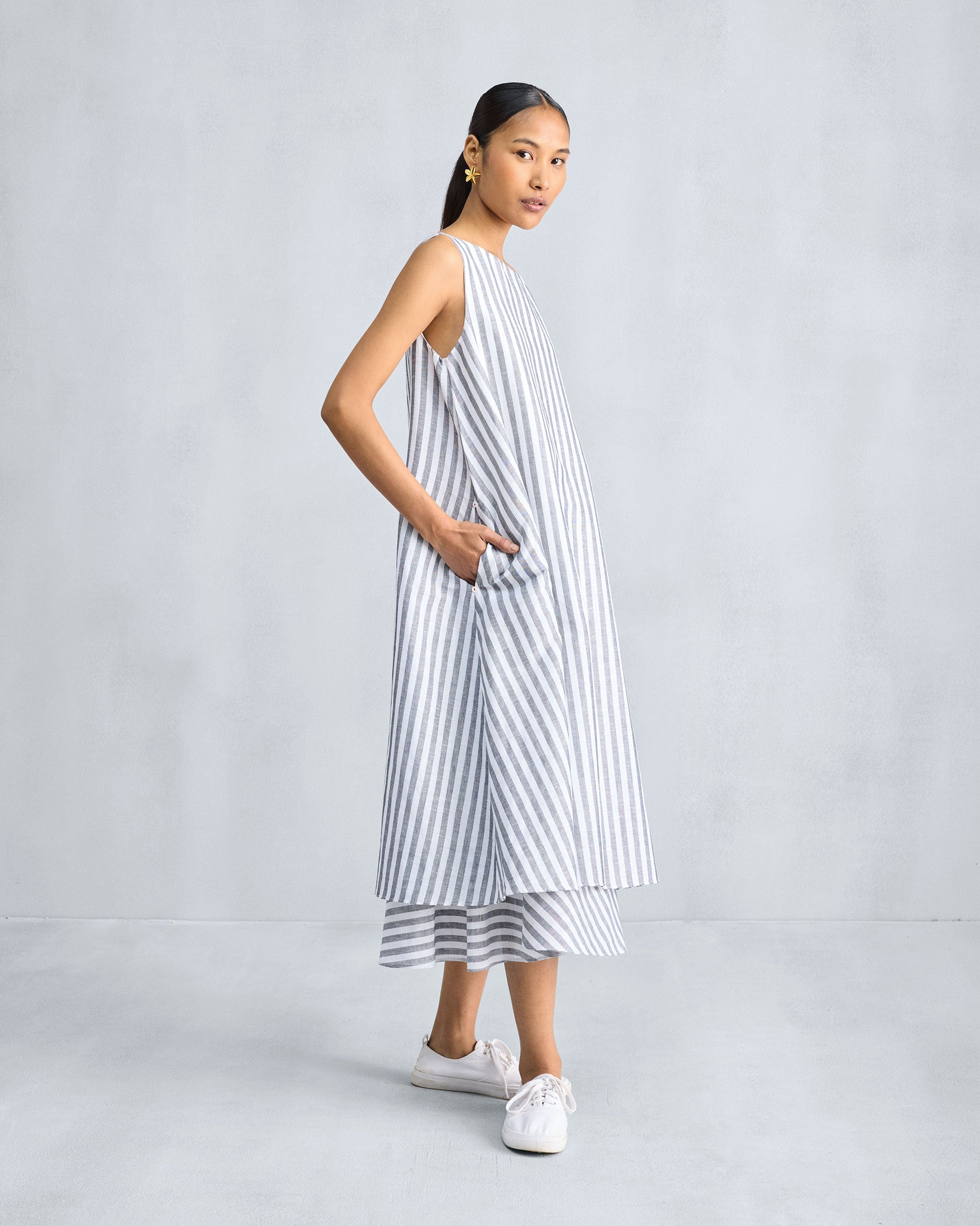Double Layer Dress - Charcoal & White Stripes