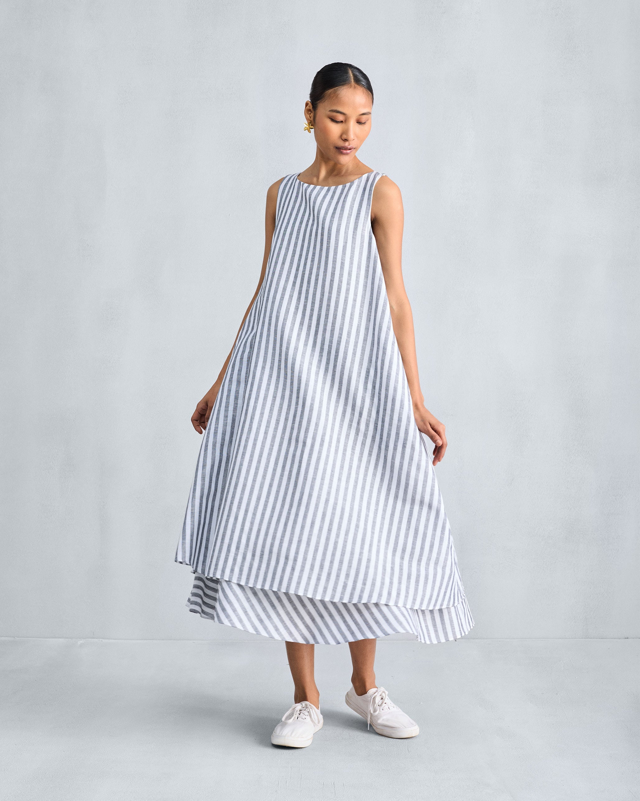 Double Layer Dress - Charcoal & White Stripes