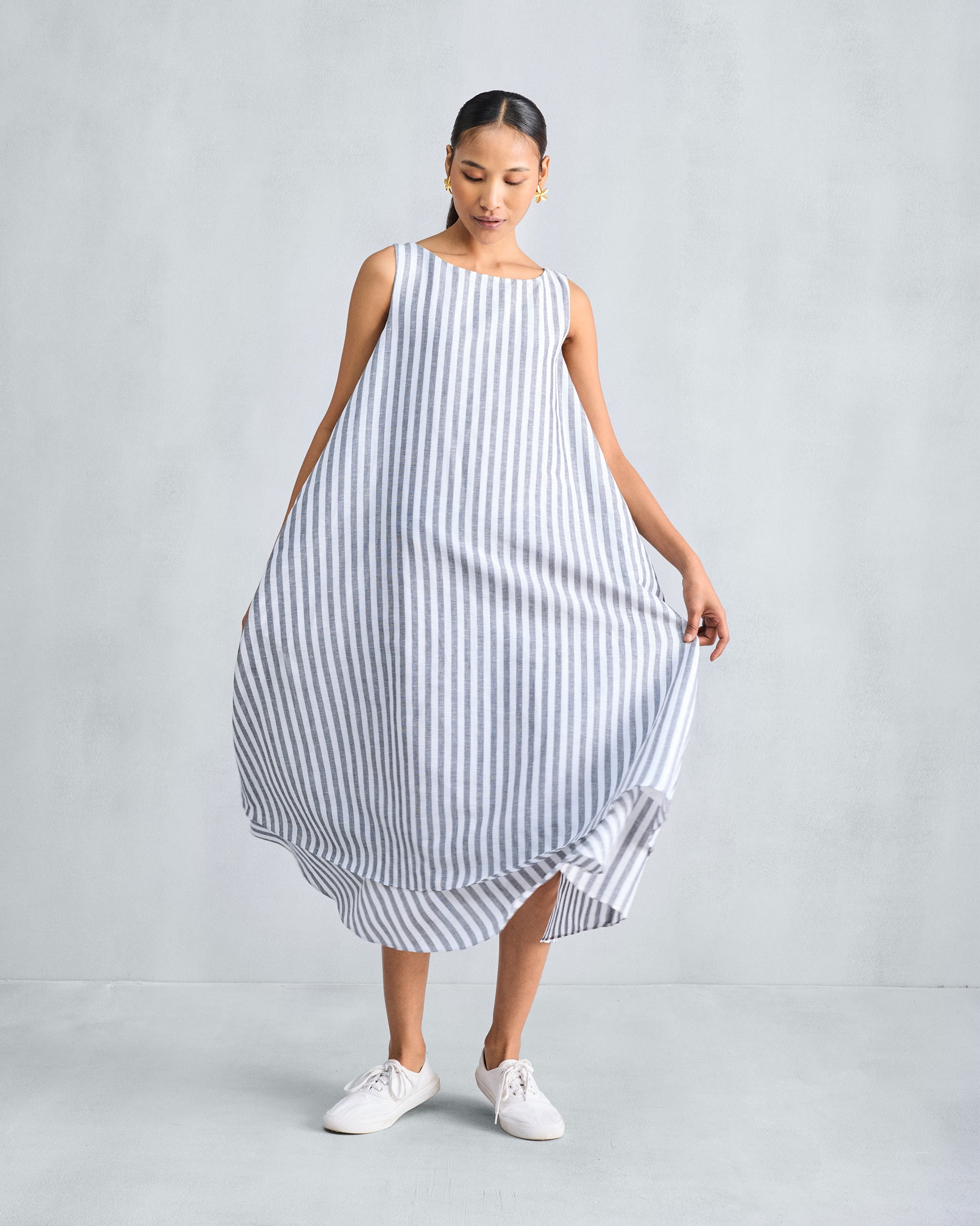 Double Layer Dress - Charcoal & White Stripes