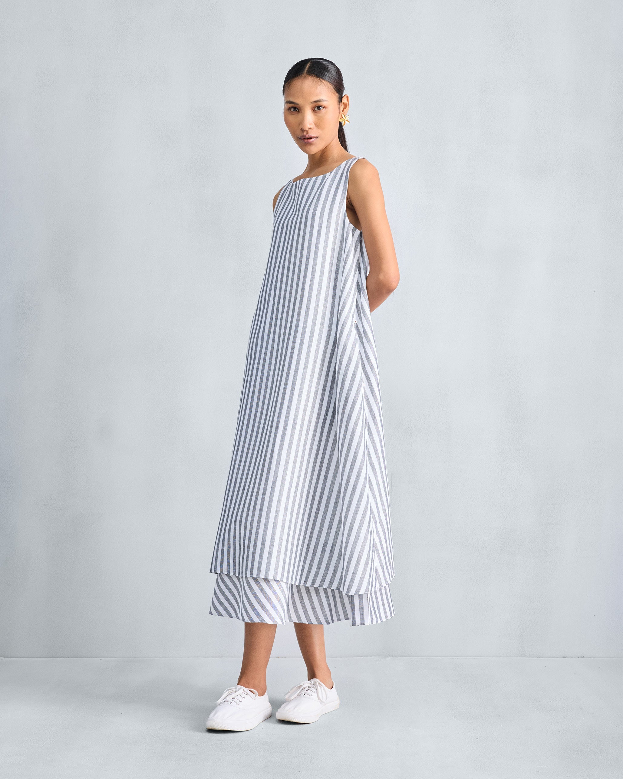 Double Layer Dress - Charcoal & White Stripes