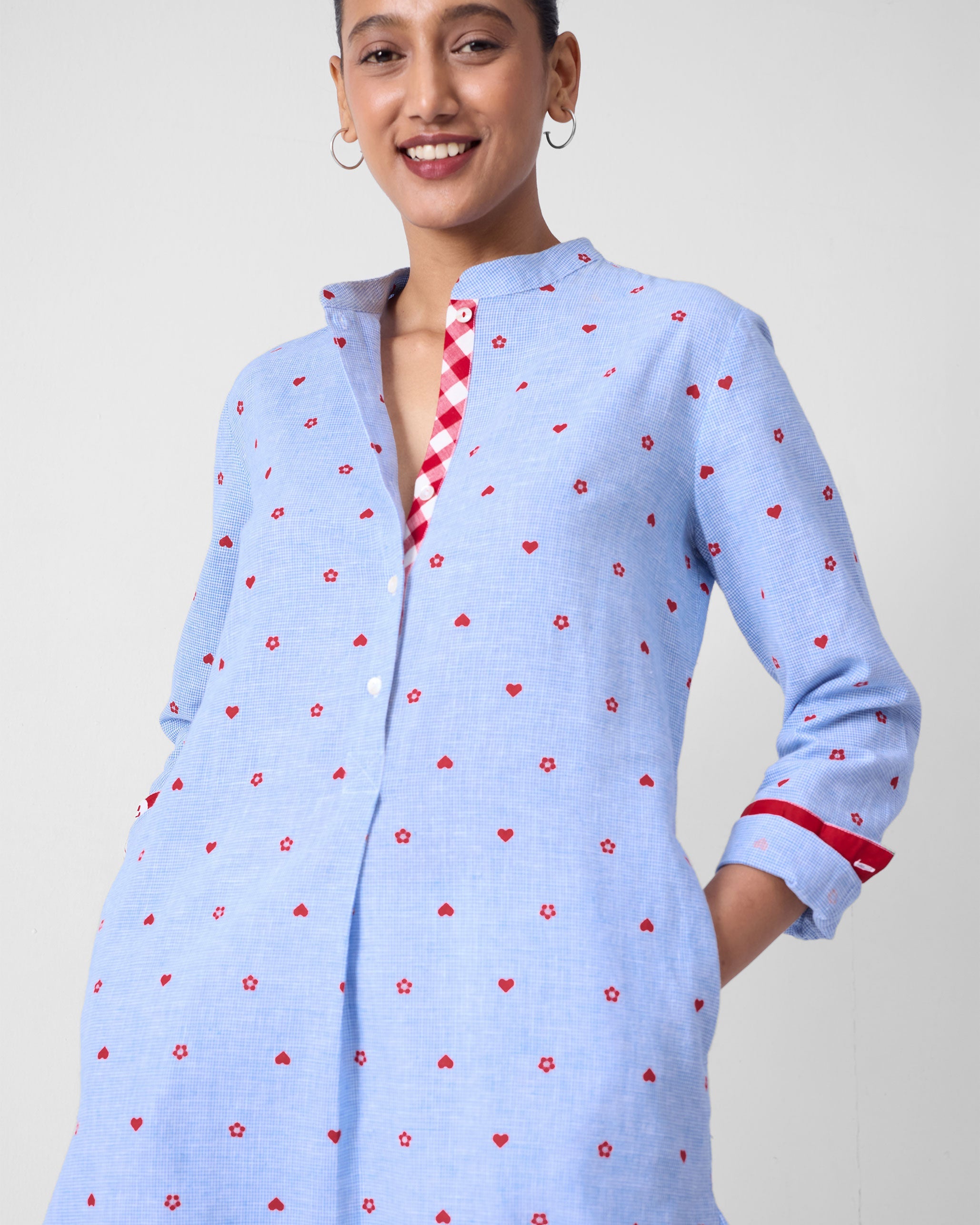 Basic Long Length Kurta - Blue & Red Print