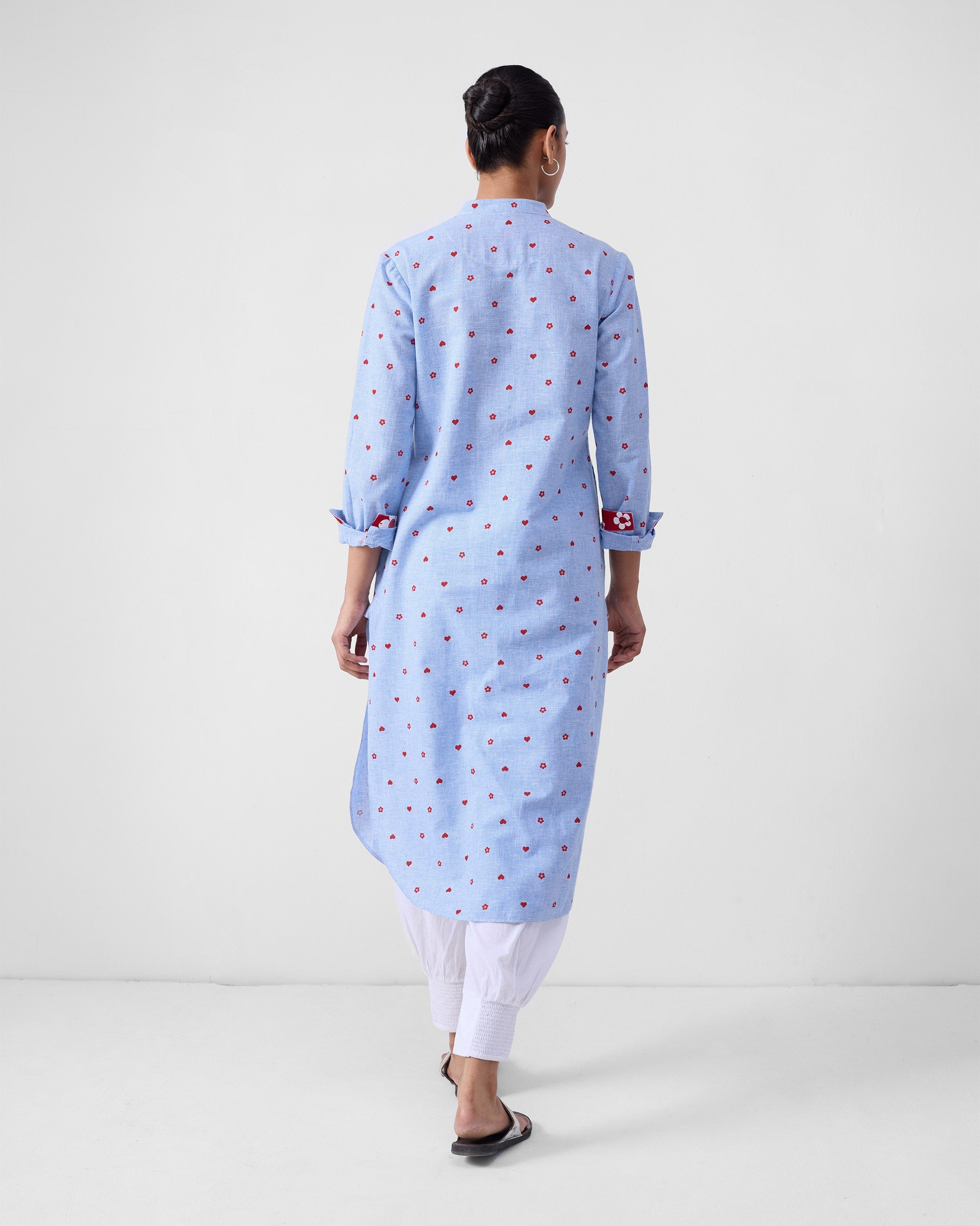 Basic Long Length Kurta - Blue & Red Print
