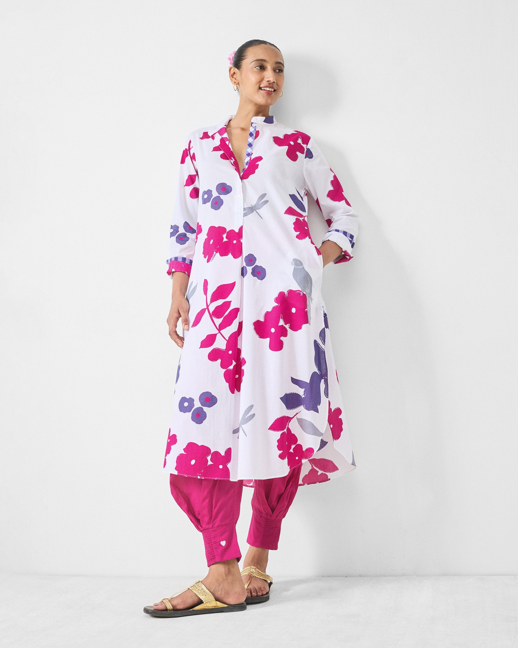 Basic Long Length Kurta - White & Purple Printed