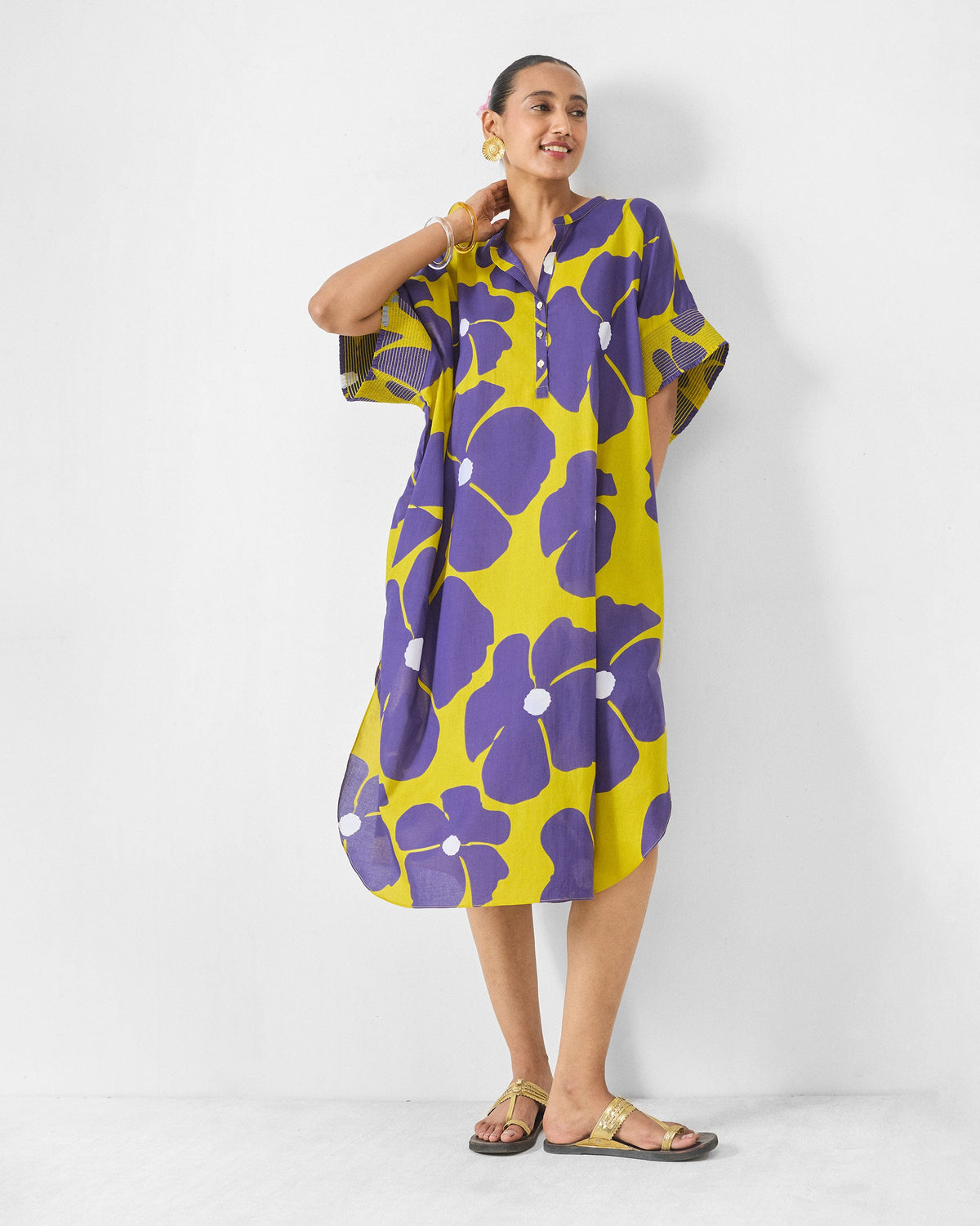 Elara Smocked Sleeve Kaftan - Purple & Chartreuse Printed