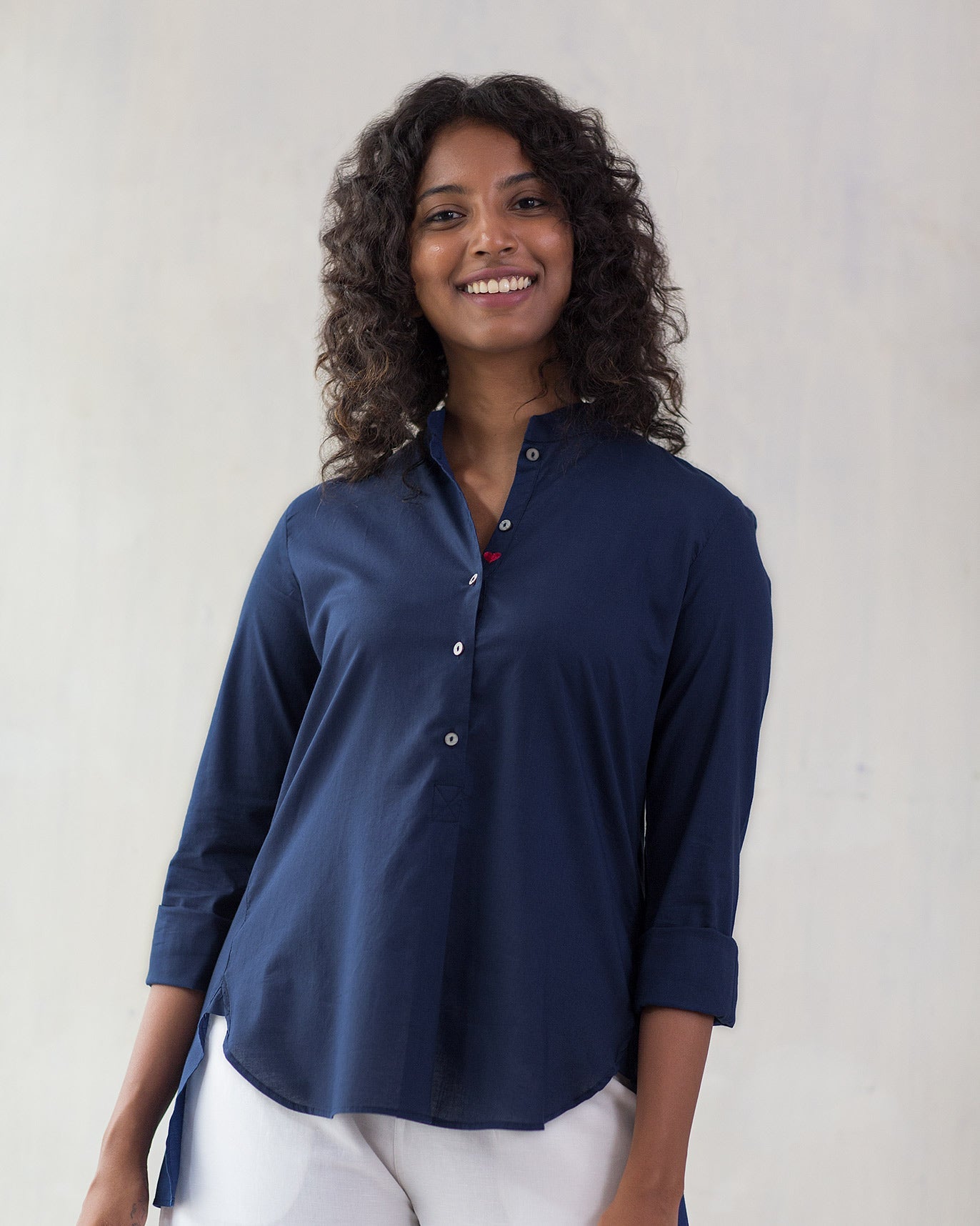 Mandarin Collar Top - Navy