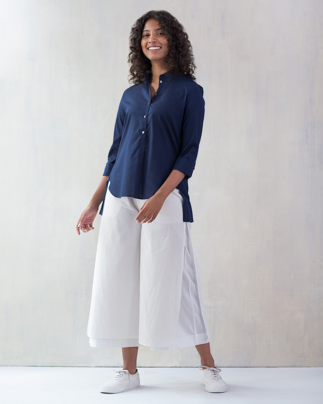 Mandarin Collar Top - Navy