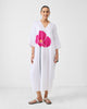 V Neck Kaftan - White & Fuchsia Printed