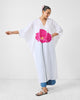 V Neck Kaftan - White & Fuchsia Printed