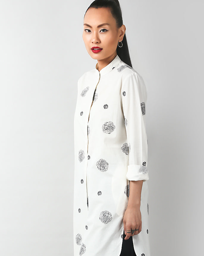 Classic Mid-Length Kurta - Ivory & Black