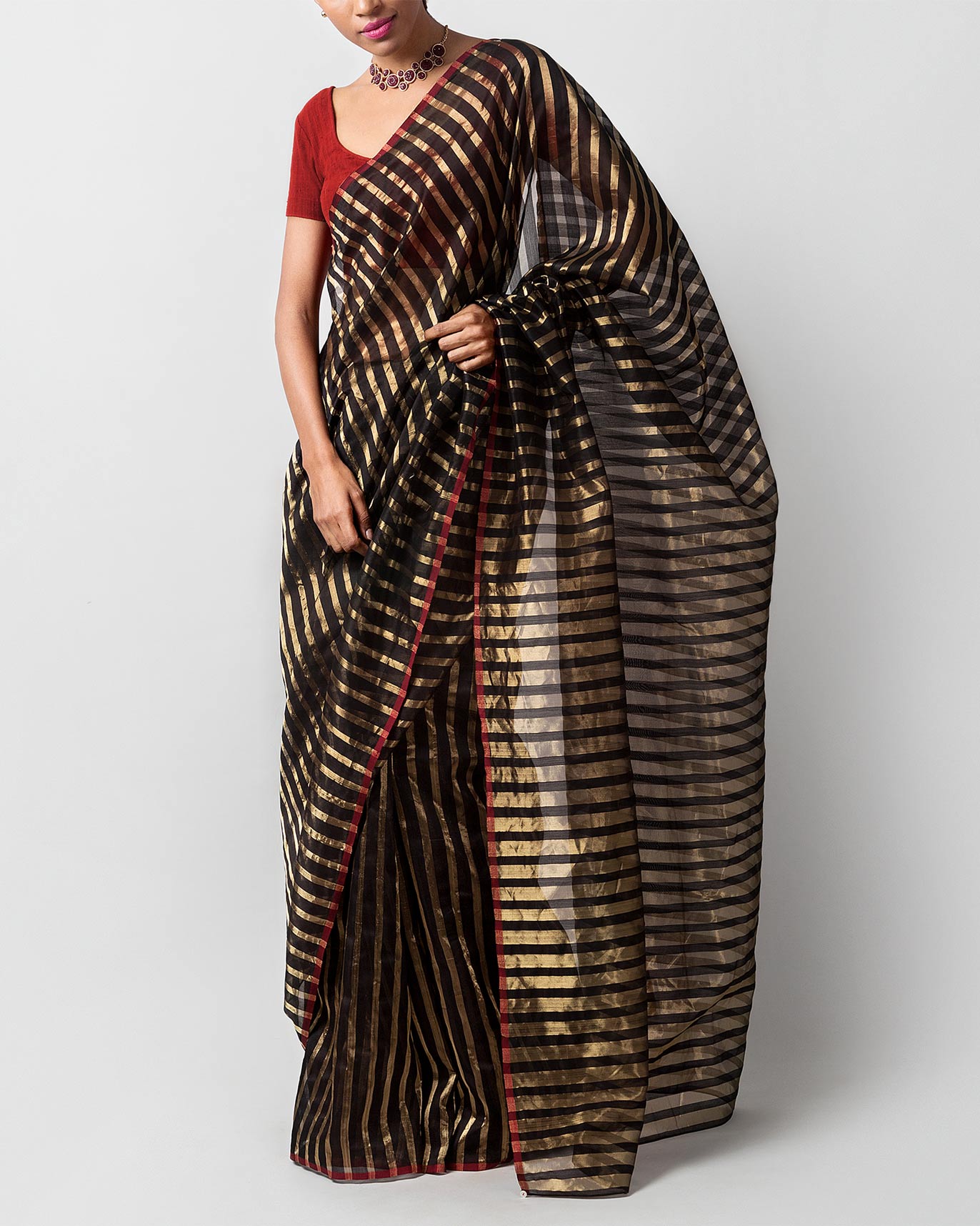 Zari Stripe Sari - Black & Gold