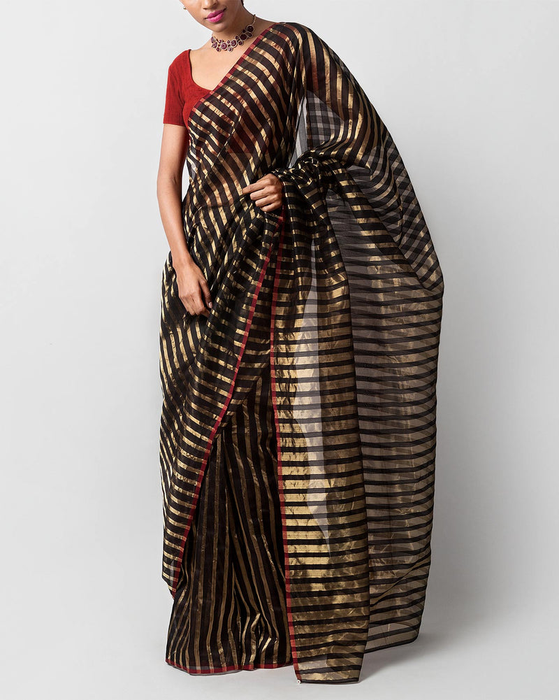 Zari Stripe Sari - Black & Gold