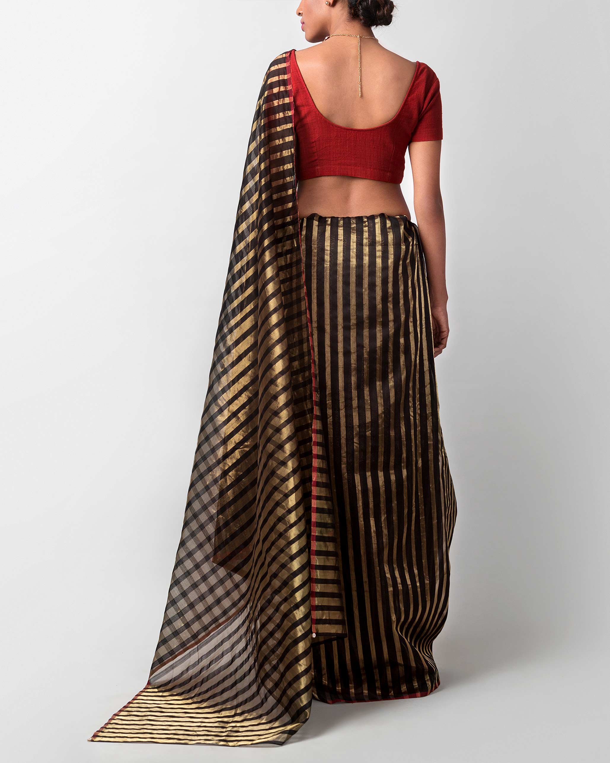 Zari Stripe Sari - Black & Gold