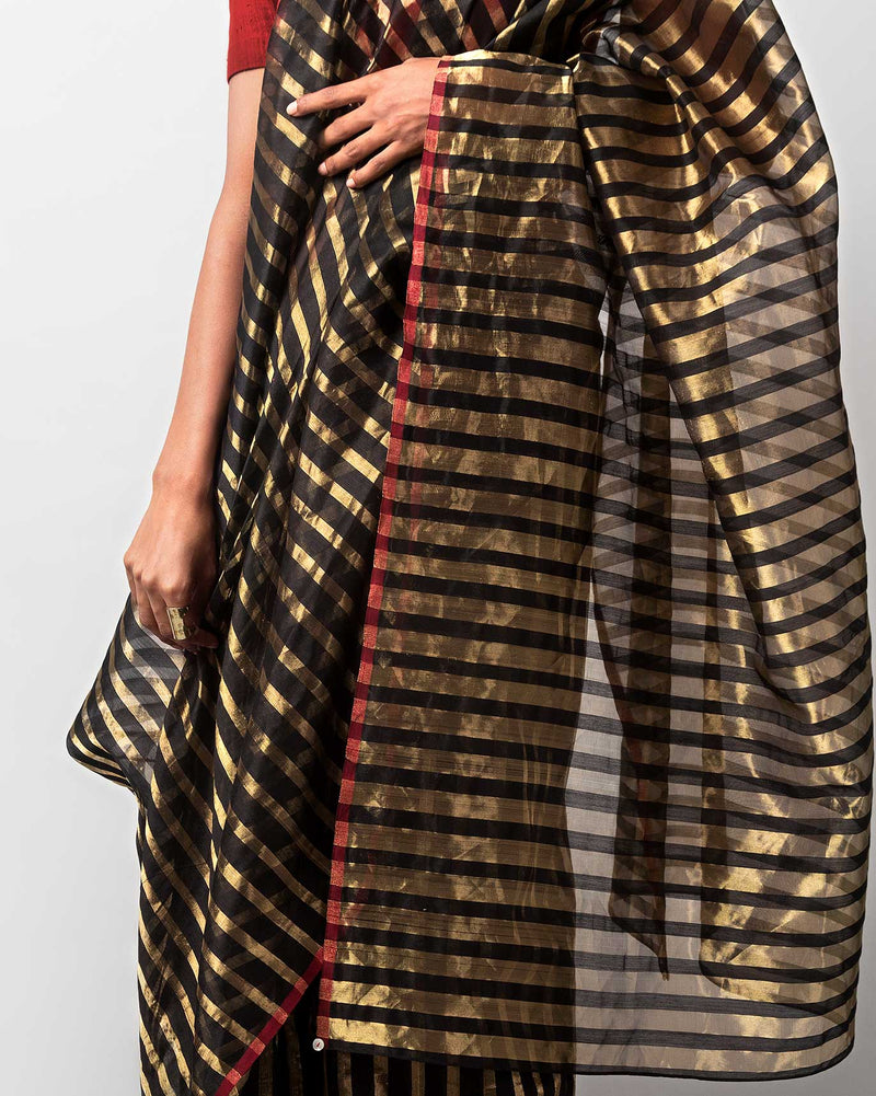 Zari Stripe Sari - Black & Gold