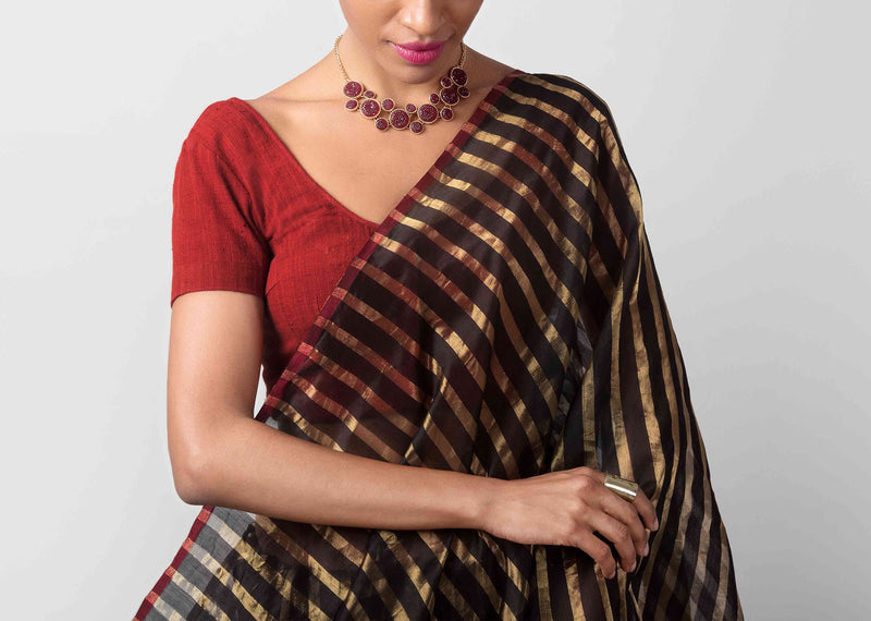 Zari Stripe Sari - Black & Gold