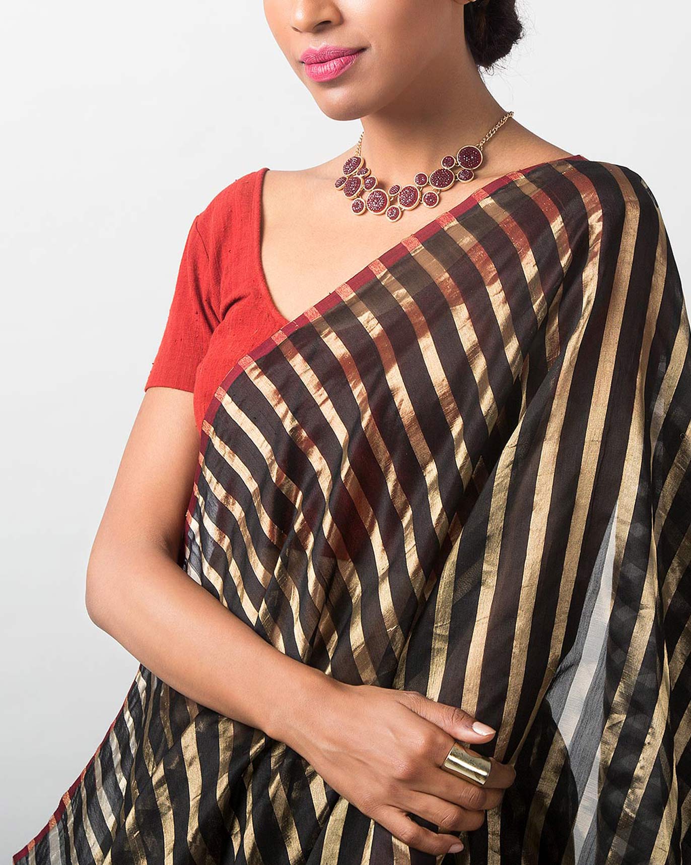 Zari Stripe Sari - Black & Gold