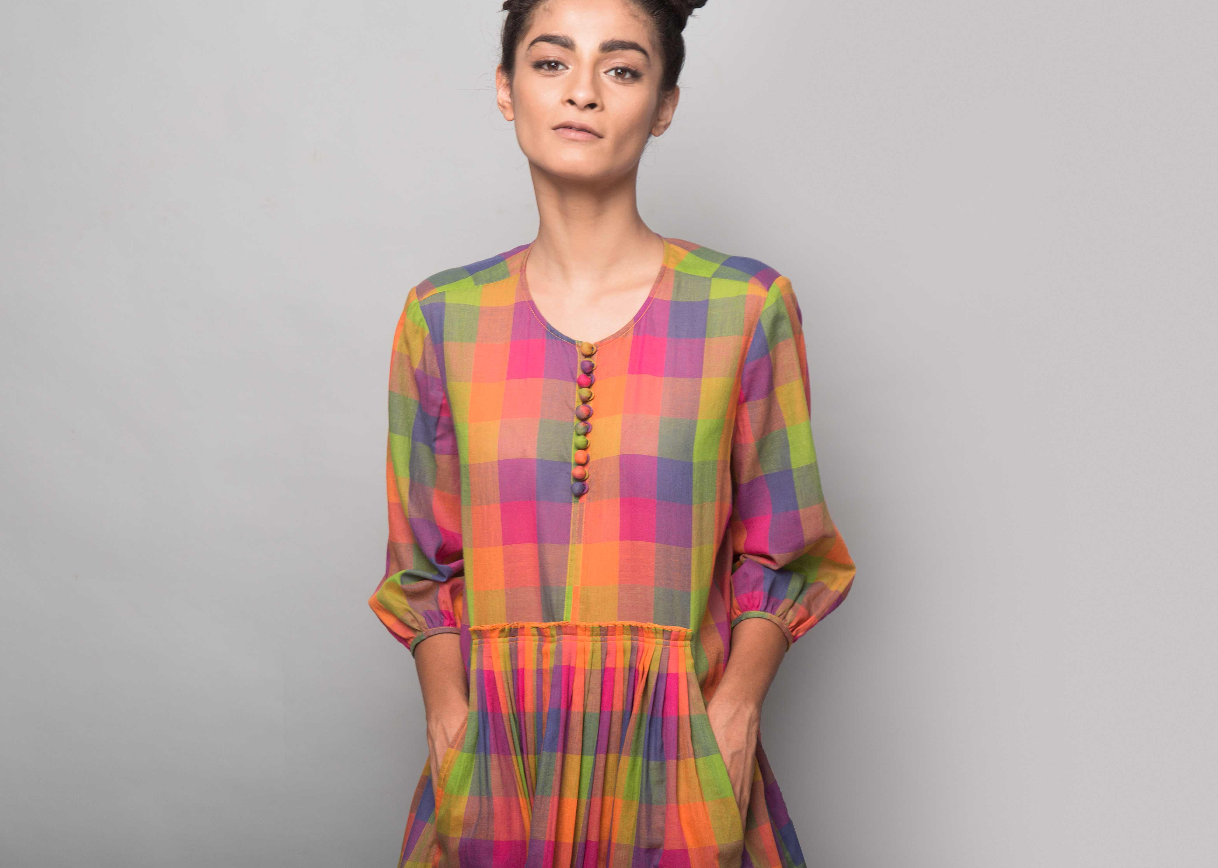 Pleated Waist Kurta - Multi Checks