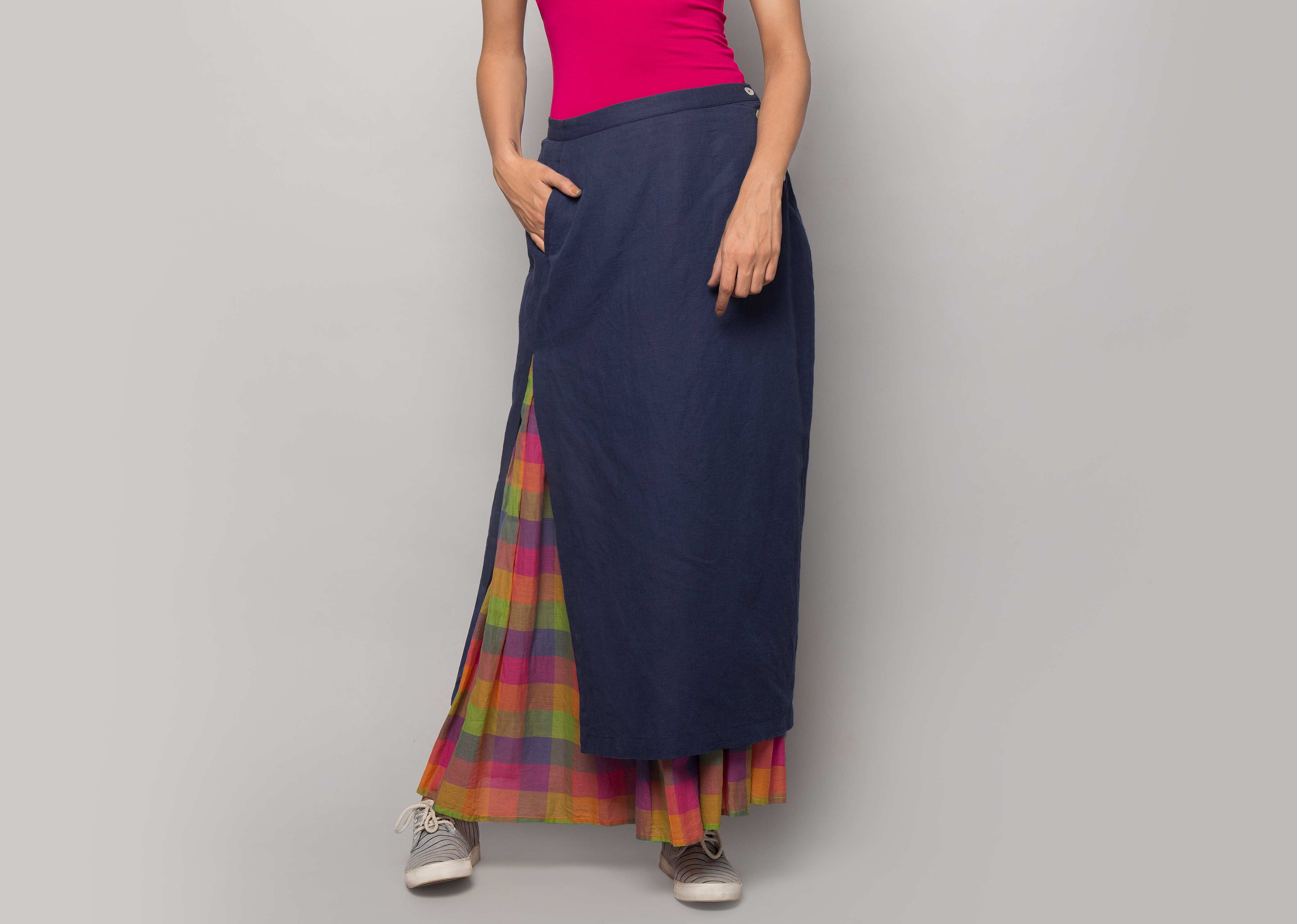 Layered Midi Skirt - Indigo & Multi Check