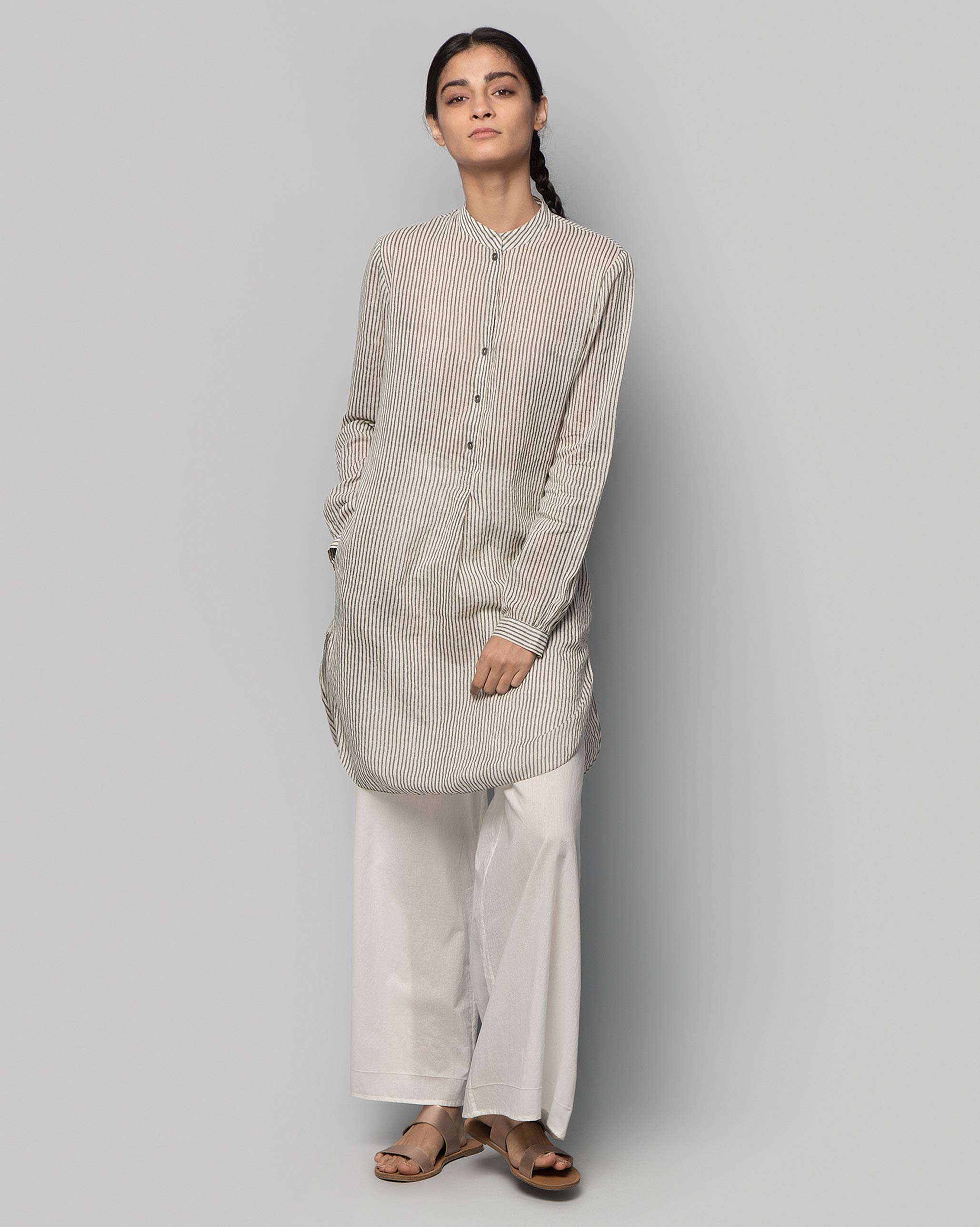 Pewter Mid-Length Kurta - Charcoal Stripe