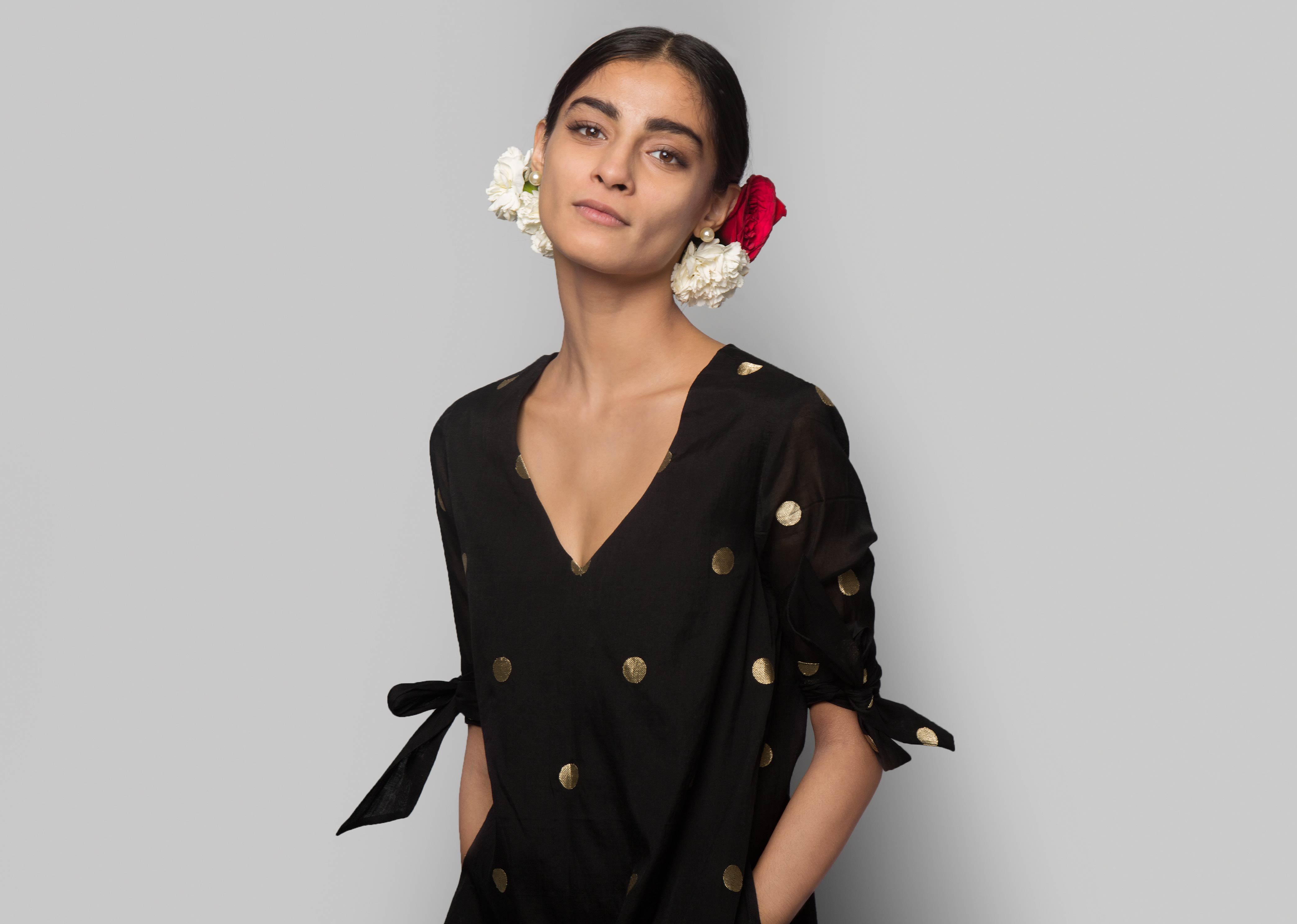 Naos Chanderi A-line Dress - Black & Gold