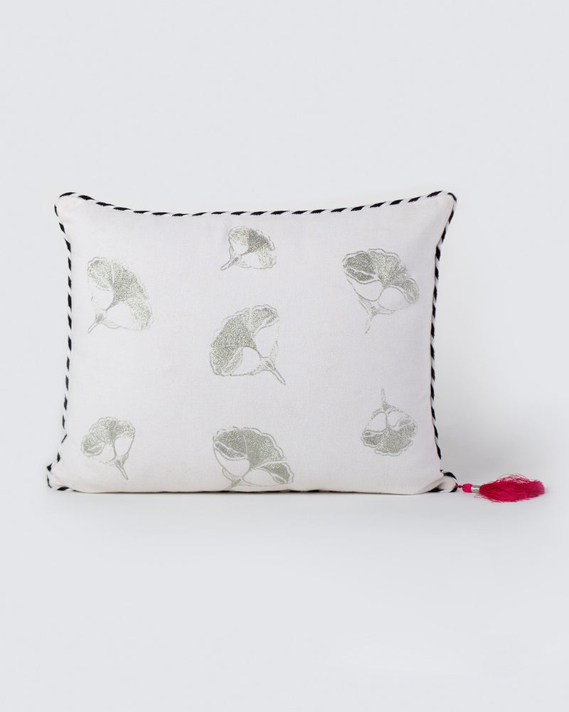 Frangipani Embroidered Cushion Cover - Silver