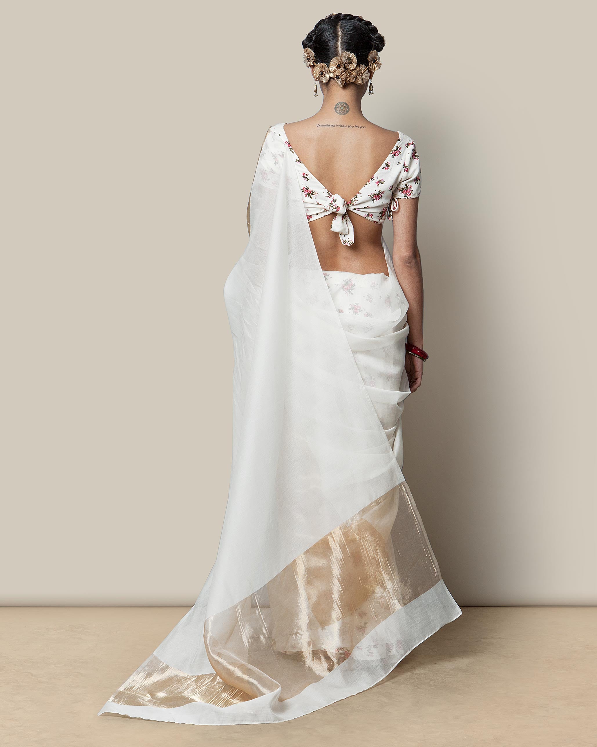 Amara Chanderi Sari - Ivory & gold
