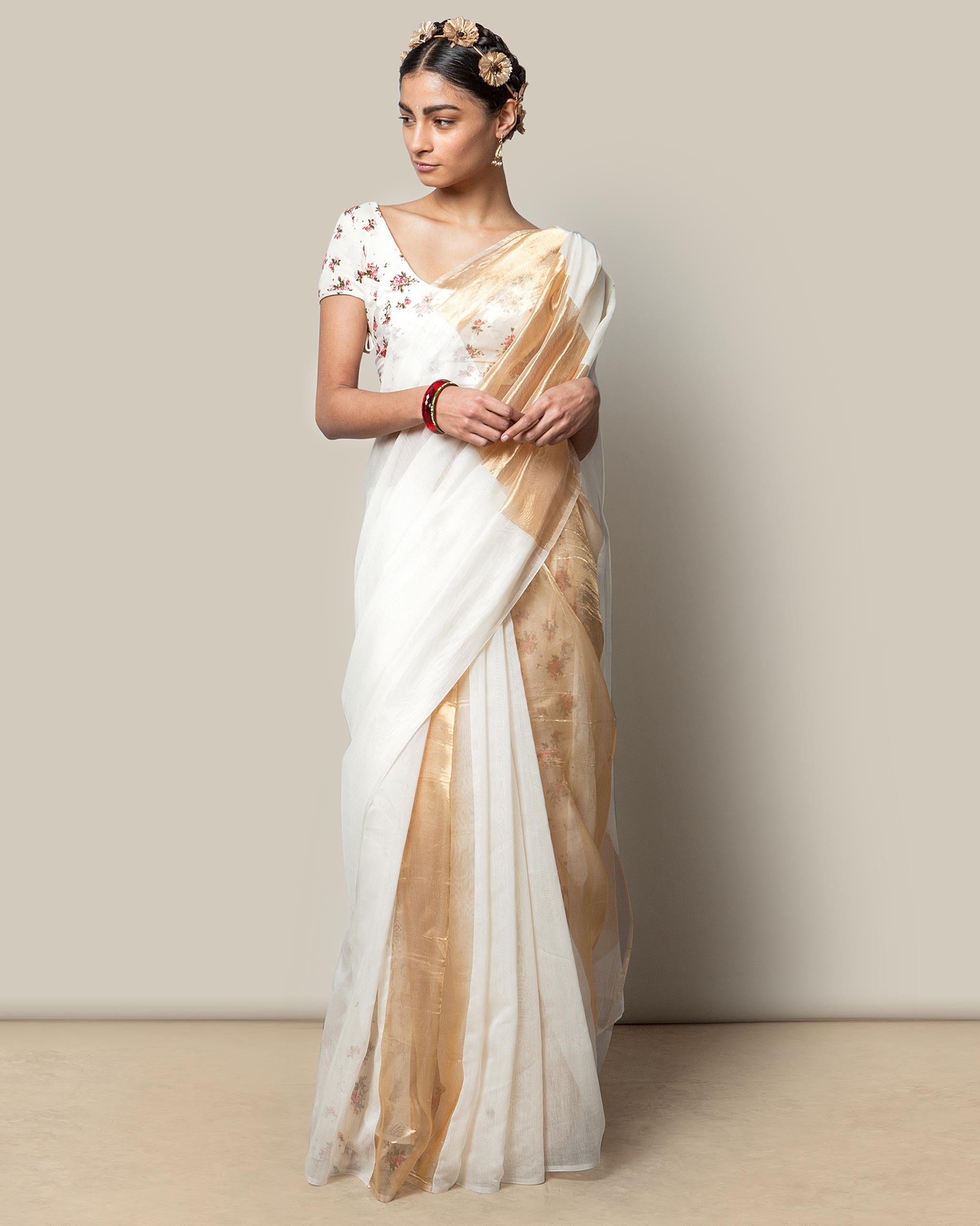 Amara Chanderi Sari - Ivory & gold