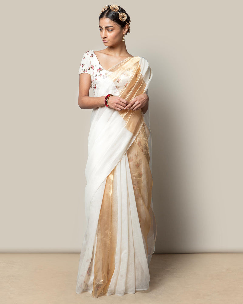 Amara Chanderi Sari - Ivory & gold
