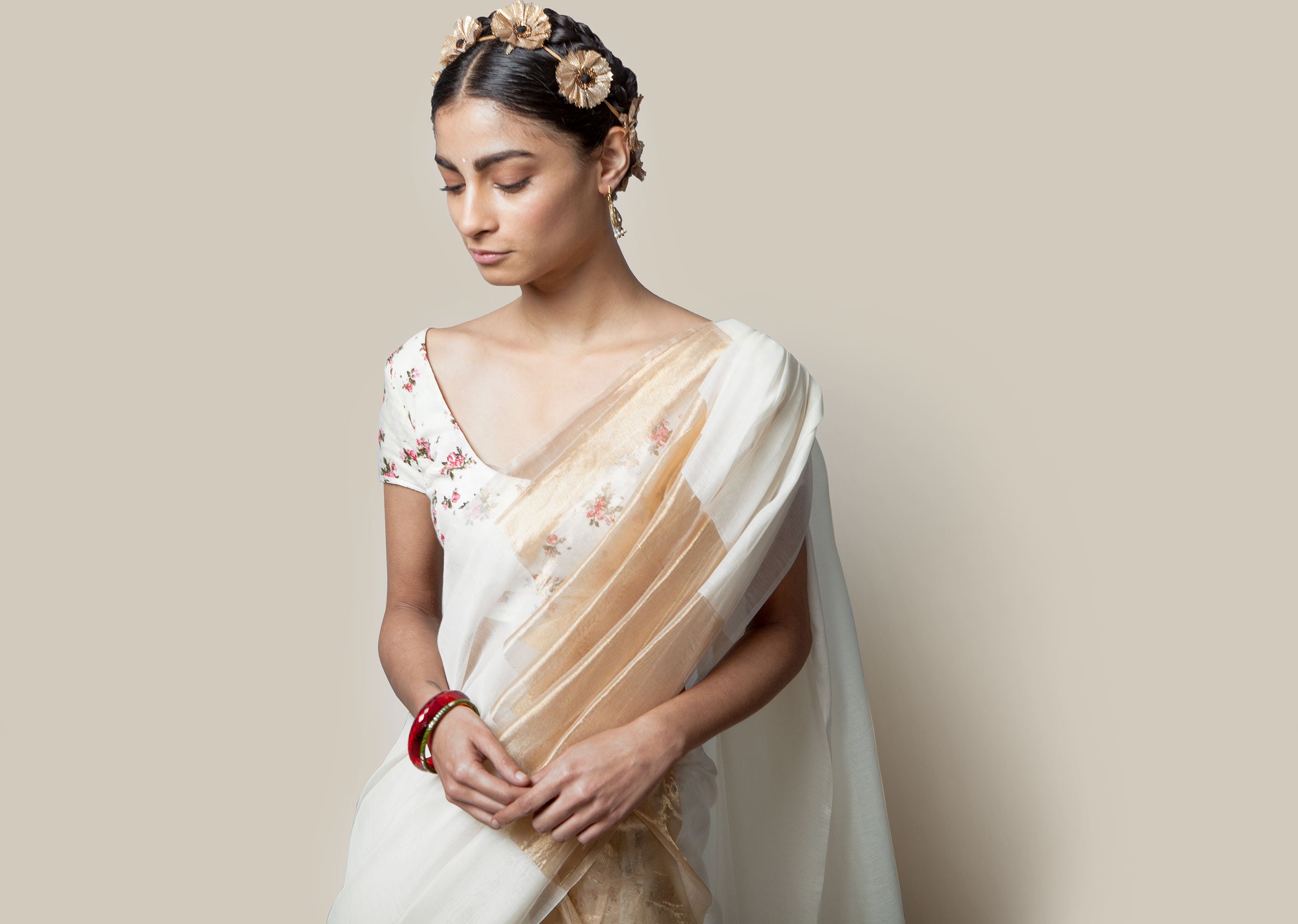 Amara Chanderi Sari - Ivory & gold