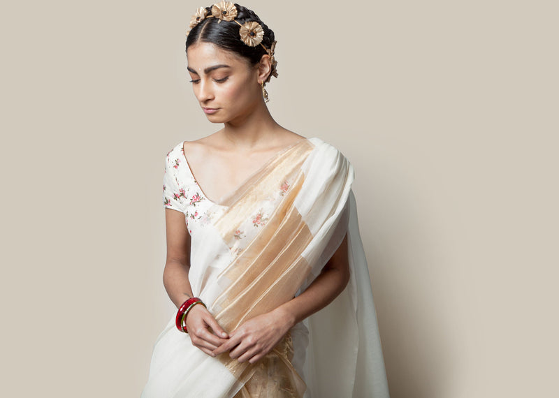 Amara Chanderi Sari - Ivory & gold