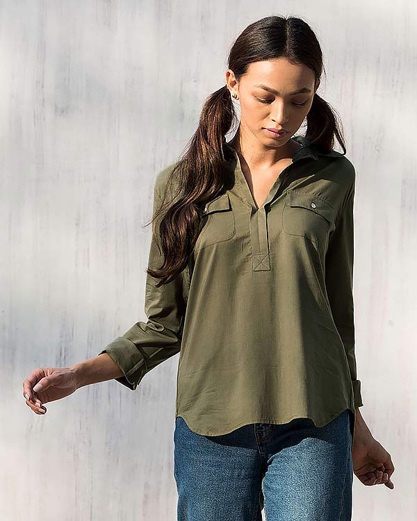 Open Collar Top - Green