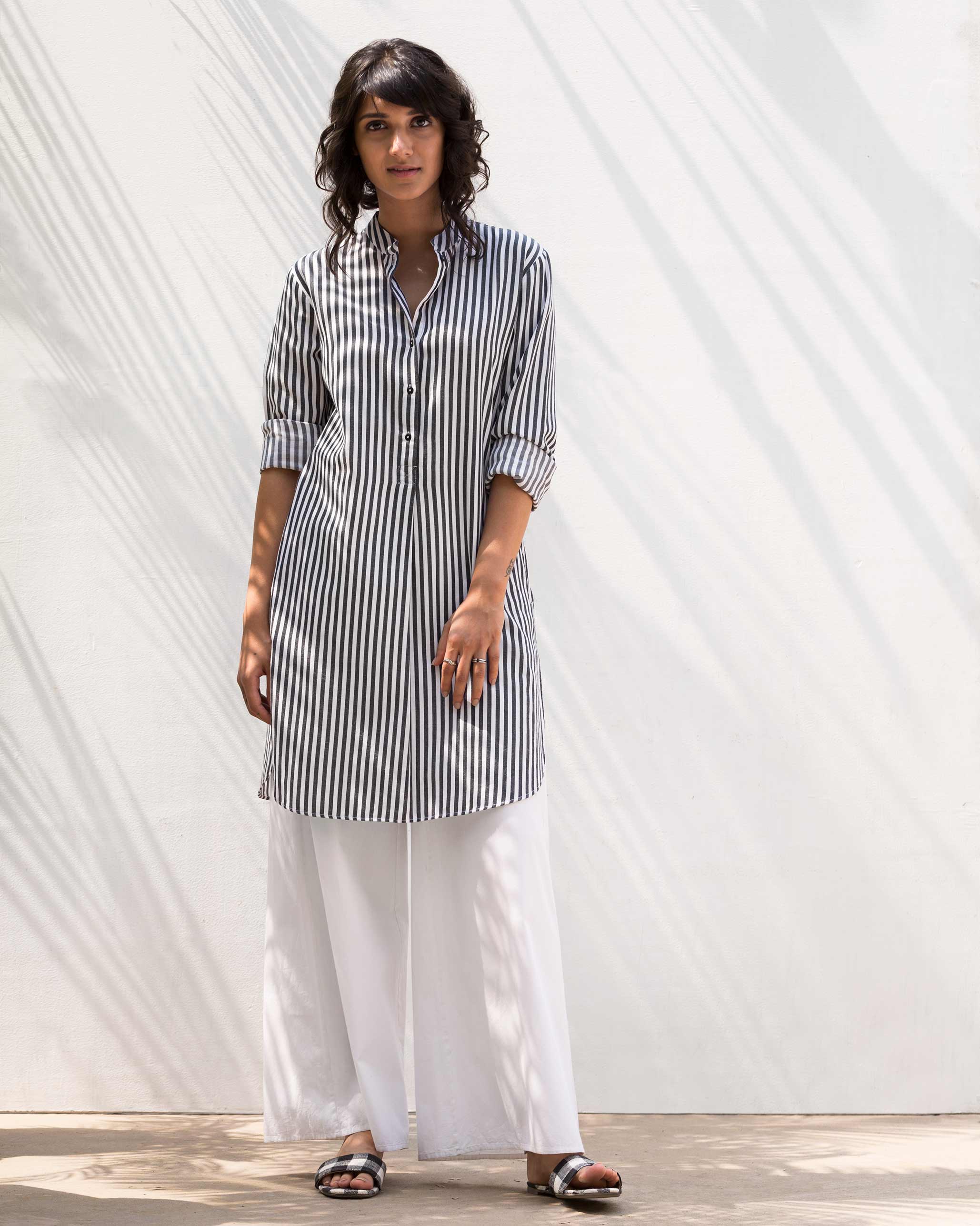 Classic Mid-Length Stripe Kurta - Black & White