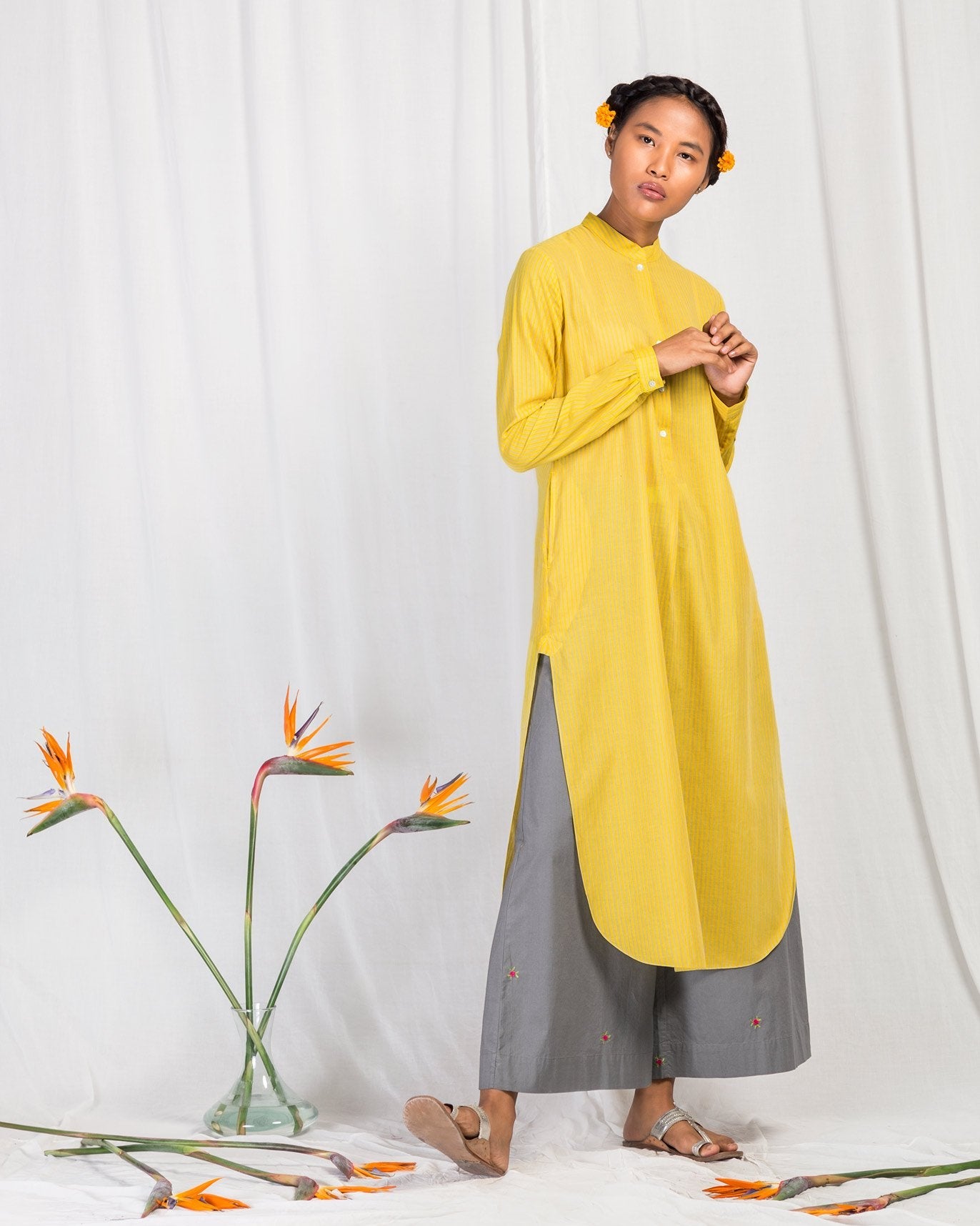 Long Length Stripe Kurta - Yellow