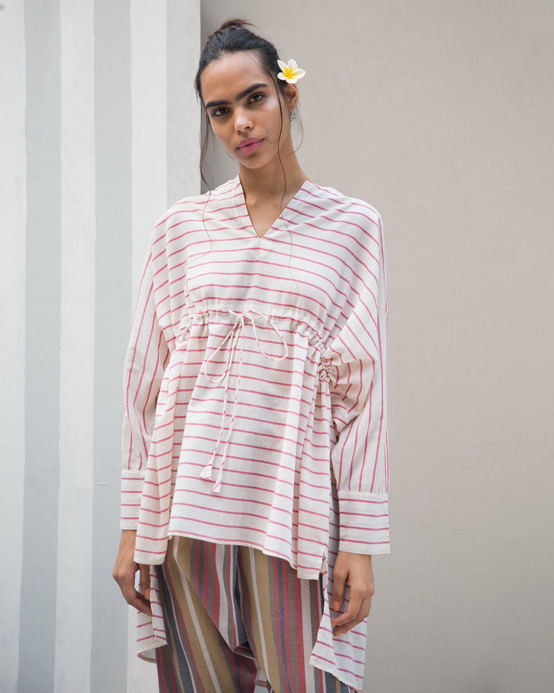 Gathered Kaftan Stripe Top - Red