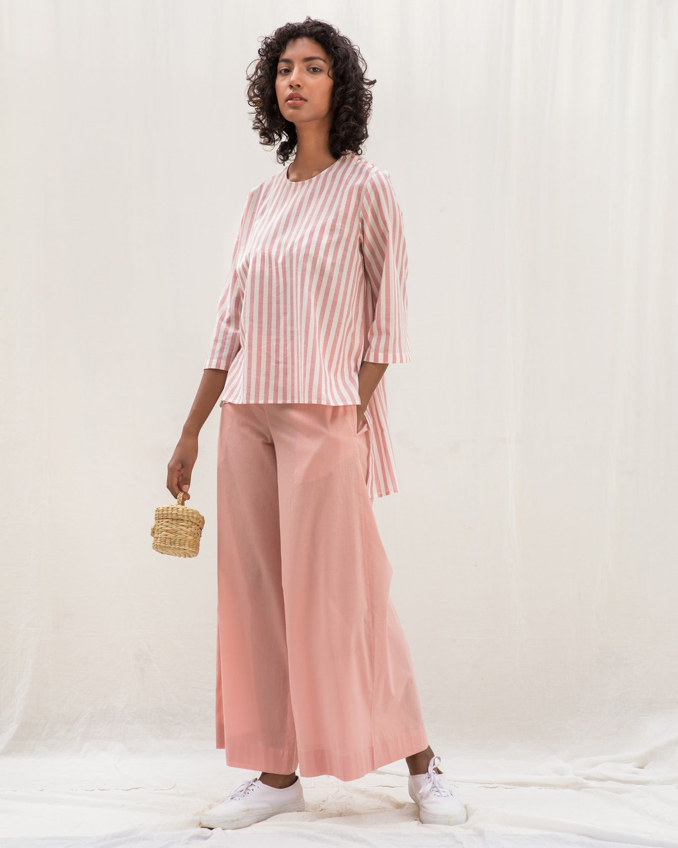 Curved Stripe Hem Top - Pink