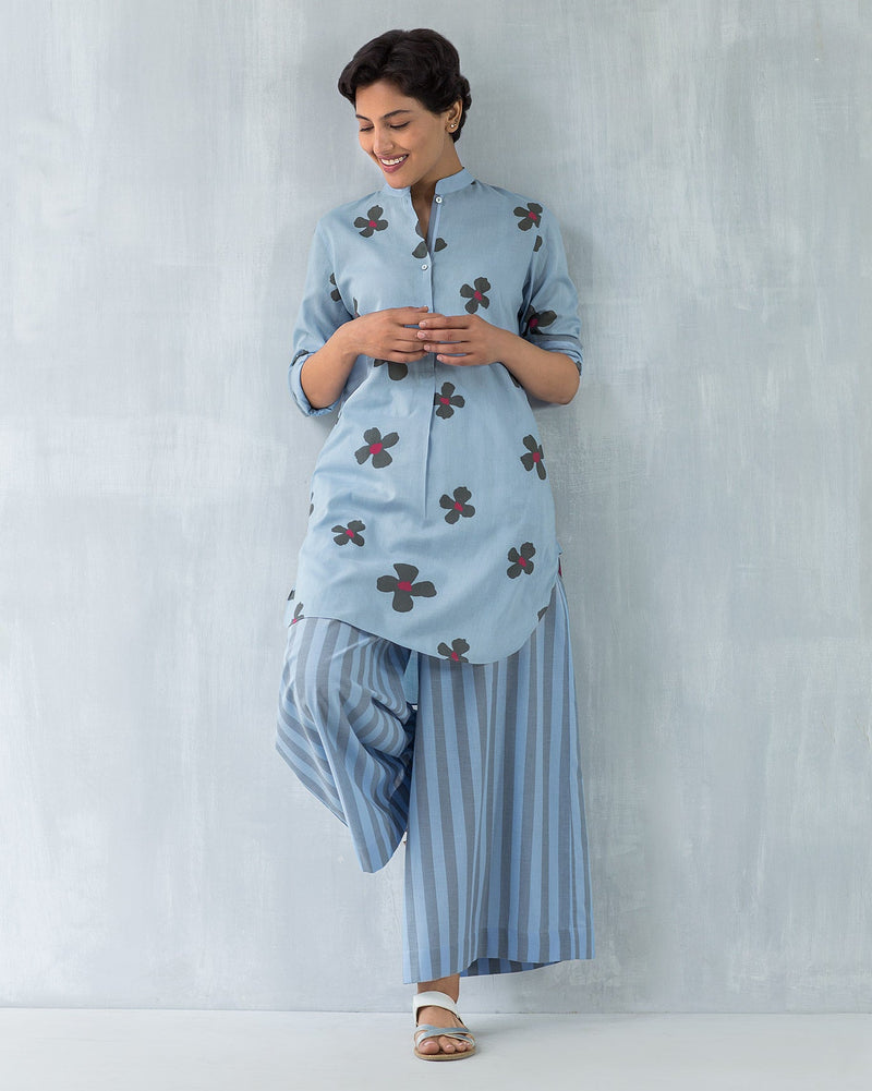 Basic Mid-Length Floral Kurta - Blue