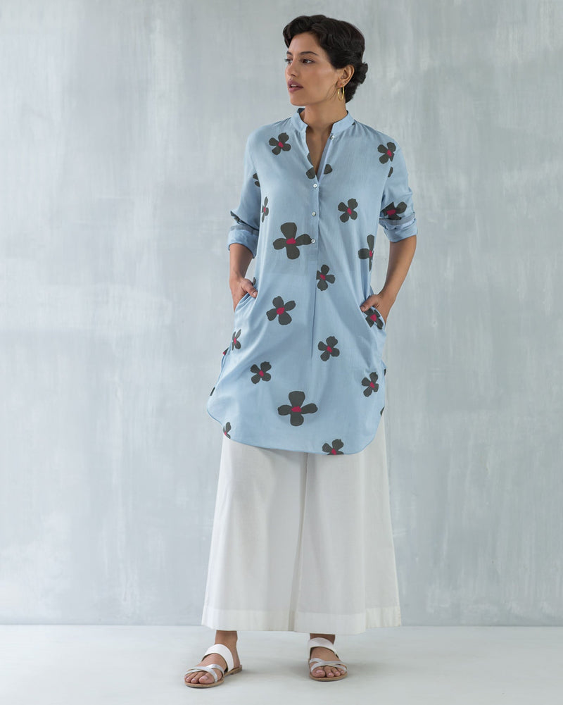 Basic Mid-Length Floral Kurta - Blue