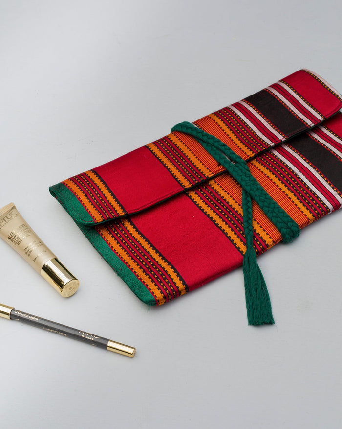Stripe Flap Clutch- Red & Brown