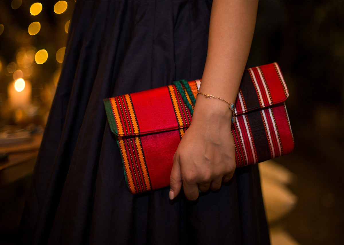 Stripe Flap Clutch- Red & Brown