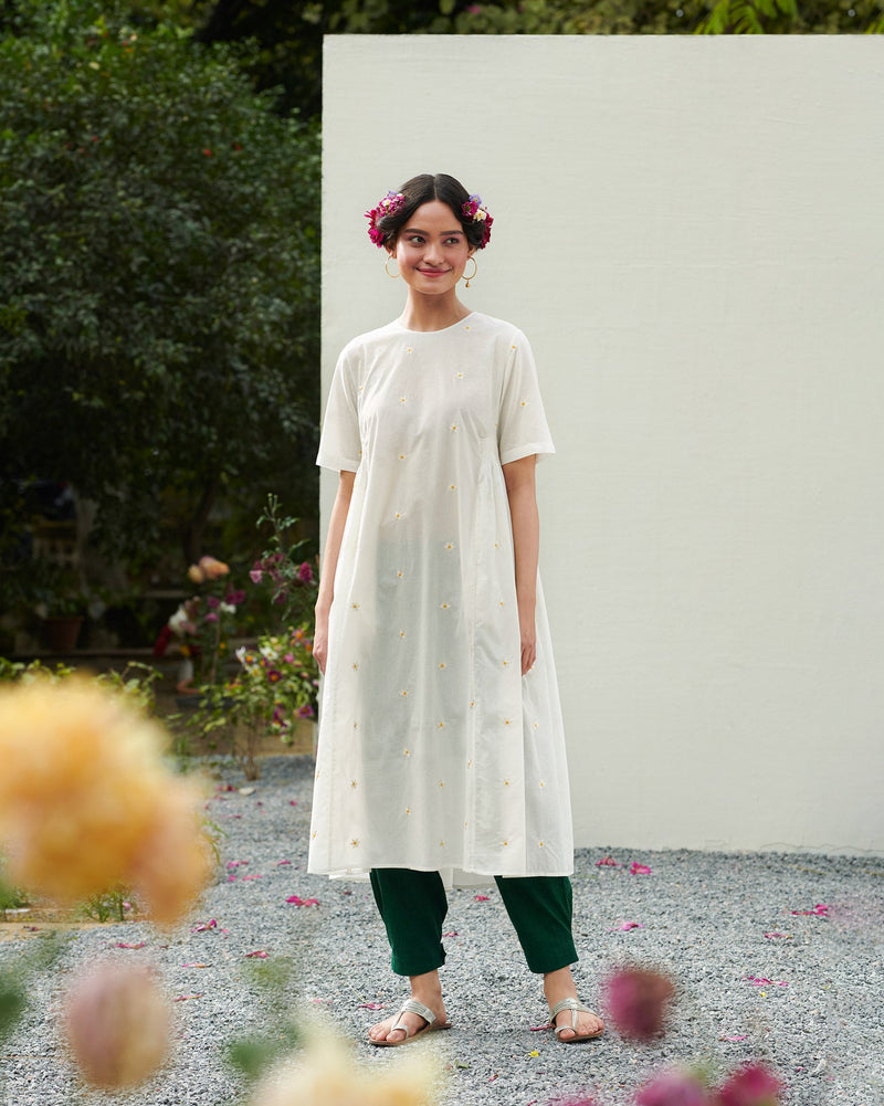 Smocked Side Kurta- White