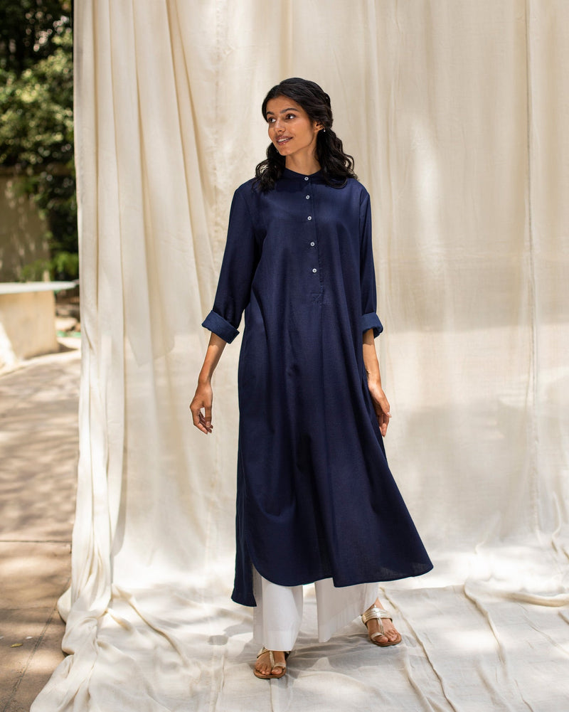 Smocked Back Kurta - Indigo